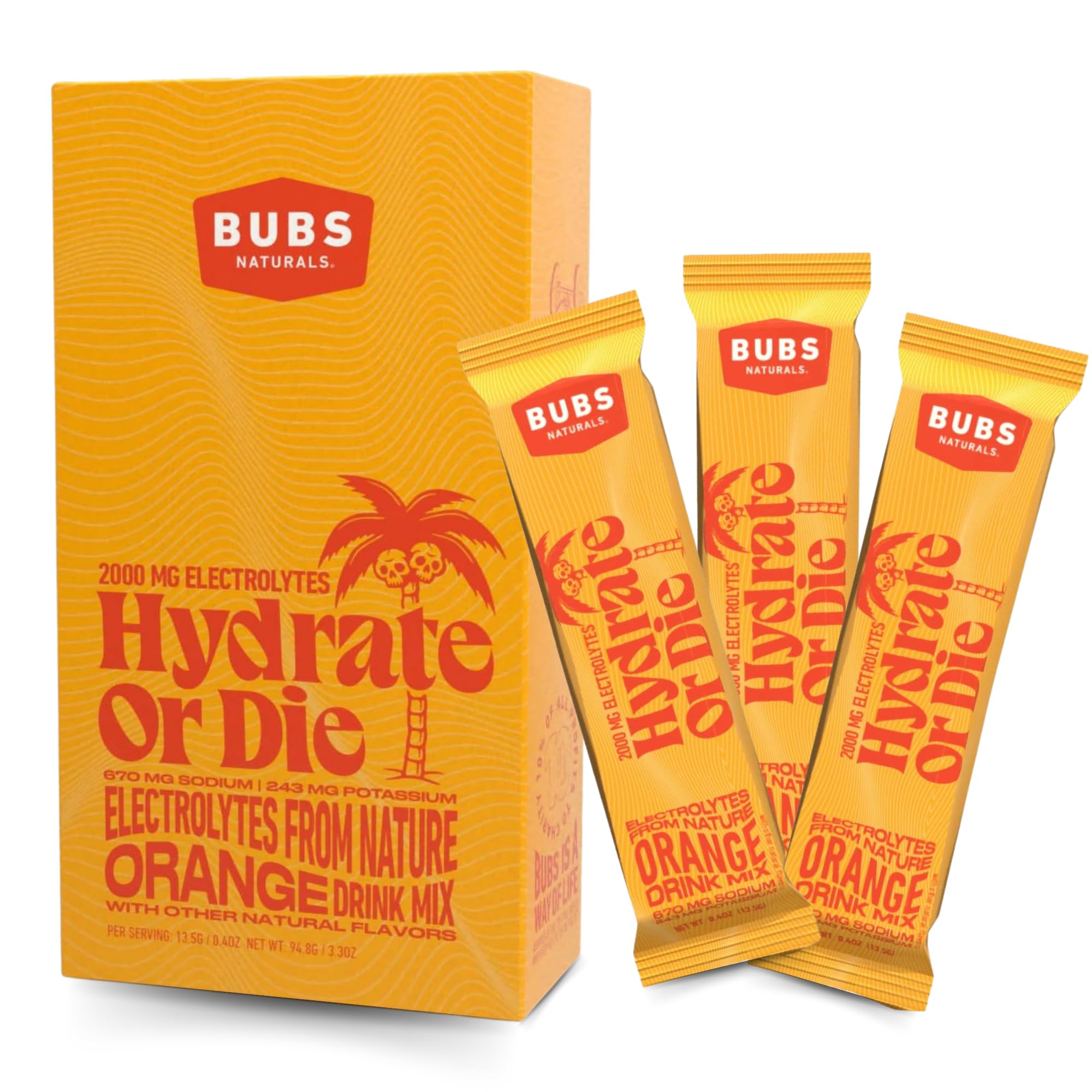 BUBS Naturals Hydrate or Die: Premium Hydration & Electrolyte Powder, All Natural Keto-Friendly Gluten-Free - No Sugar Added, Boosts Energy, Enhances Recovery, Orange Travel Pack Sticks
