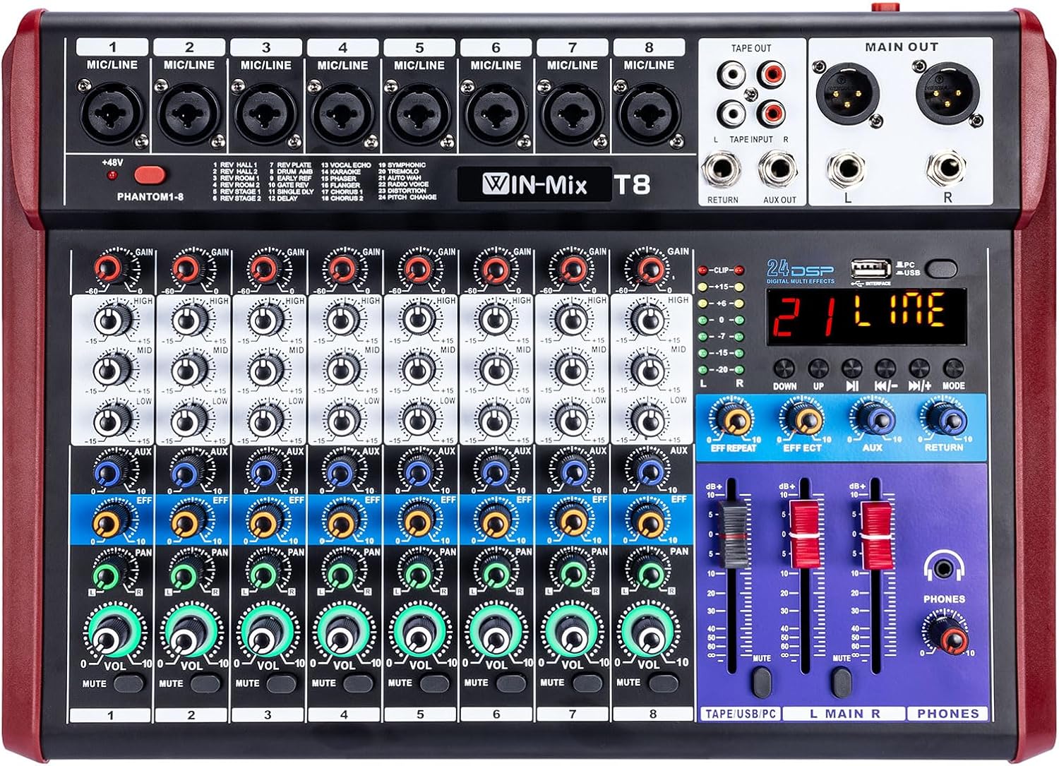 W IN-MIX Professional 8 Channel Mixer with Bluetooth, USB Recording, 48V Phantom Power & 24 DSP Effects – Studio & Live Console for DJ, Streaming and Karaoke