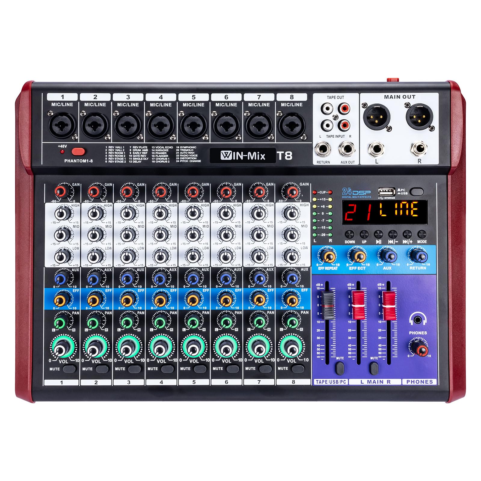 Photo 1 of W IN-MIX 8 Channel Audio Mixer – Bluetooth/USB, 48V Phantom, 24 DSP Effects for DJ, Podcast, Live Streaming, Karaoke