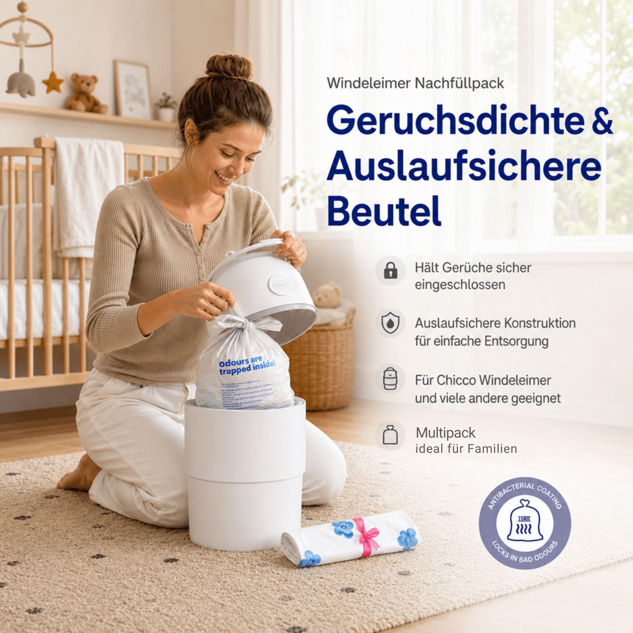 Chicco Windeleimer Nachfüllpack & Windel Blaubaer | geruchsdichte & auslaufsichere Beutel | Für saubere und geruchsfreie Wickelbereiche | Nachfüllkassette, Nachfüllfolie für Windeleimer