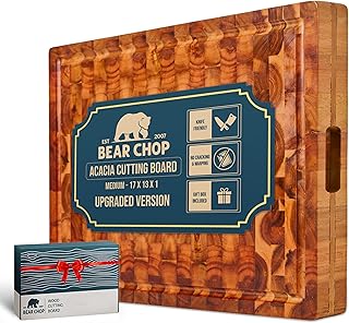 Bearchop Acacia Wood Cutting Board for Kitchen, Wooden Butcher Block with 4-Side Reinforced Bar for Anti Crack/Warp, [17"x13"x1"] Medium End Grain Cutting Boards with Gift Box, Juice Groove, Handle