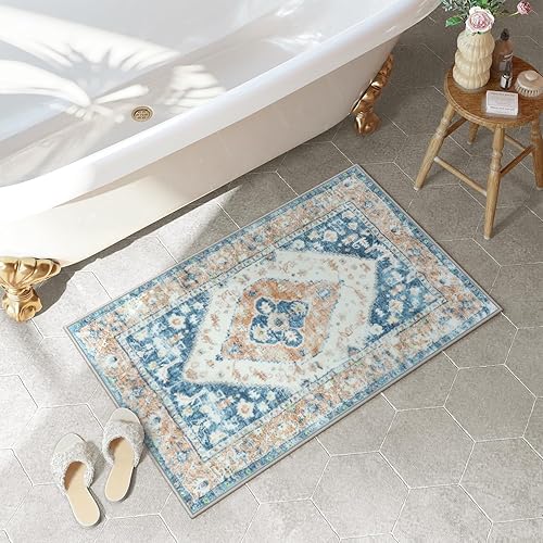 Miniatura 9 de Uphome Alfombra de Baño Azul Boho Desgastada Alfombra de Baño Oriental Suave de Pelo Largo Antideslizante Alfombra de Baño Lavable a Máquina Vintage