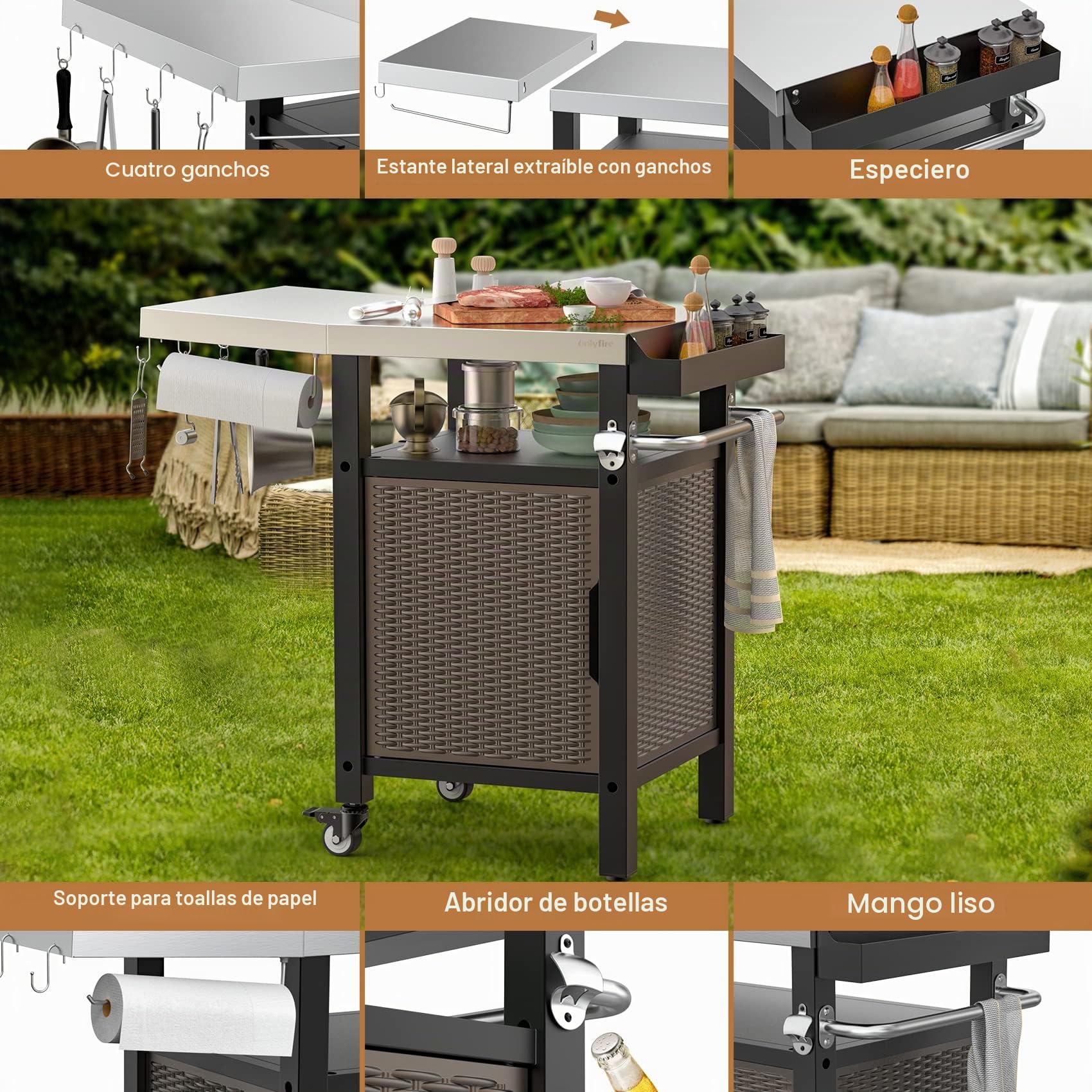 onlyfire Carros de Barbacoas,Mesa Auxiliar con Ruedas,Carrito de jardín para Barbacoa(97.5×56×91 cm)