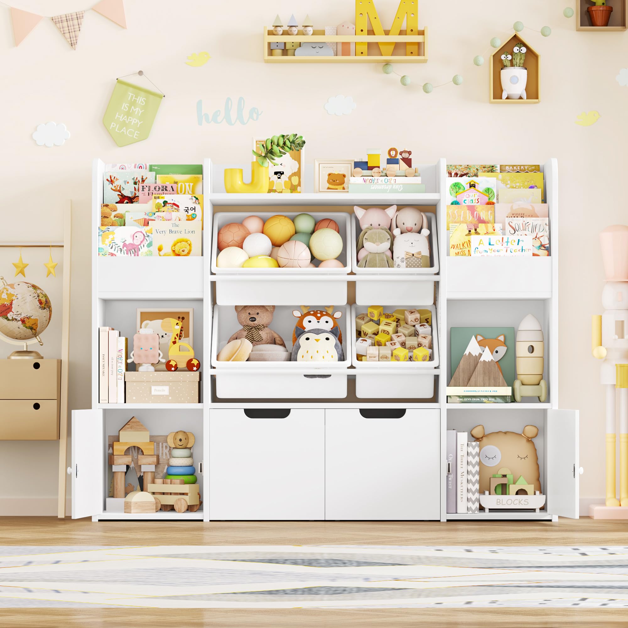 FOREHILL 126cmAn. Estantería Montessori, Librería Infantil de 8 Niveles | Mueble Almacenaje Juguetes 4 Compartimentos, Mueble Juguetes Organizador 2 Cajones con Ruedas, Blanco 126x30x104cm