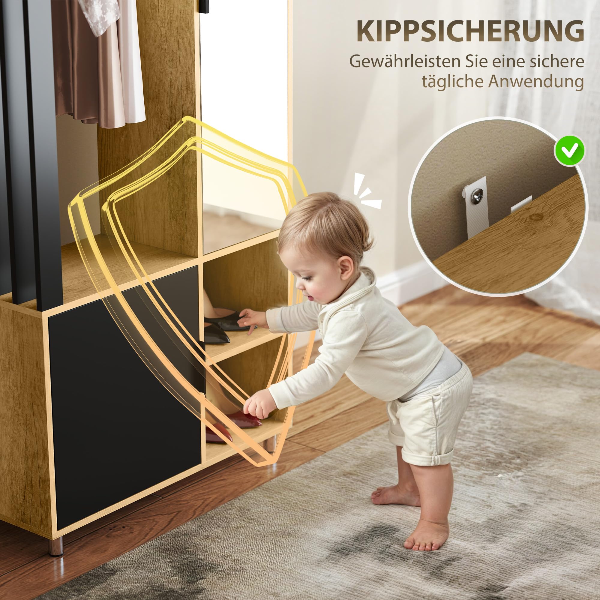 HOMCOM Garderobe Set mit Spiegel, Flurgarderobe, Kleiderstange, Schuhschrank, 80x30x175 cm, Naturholz