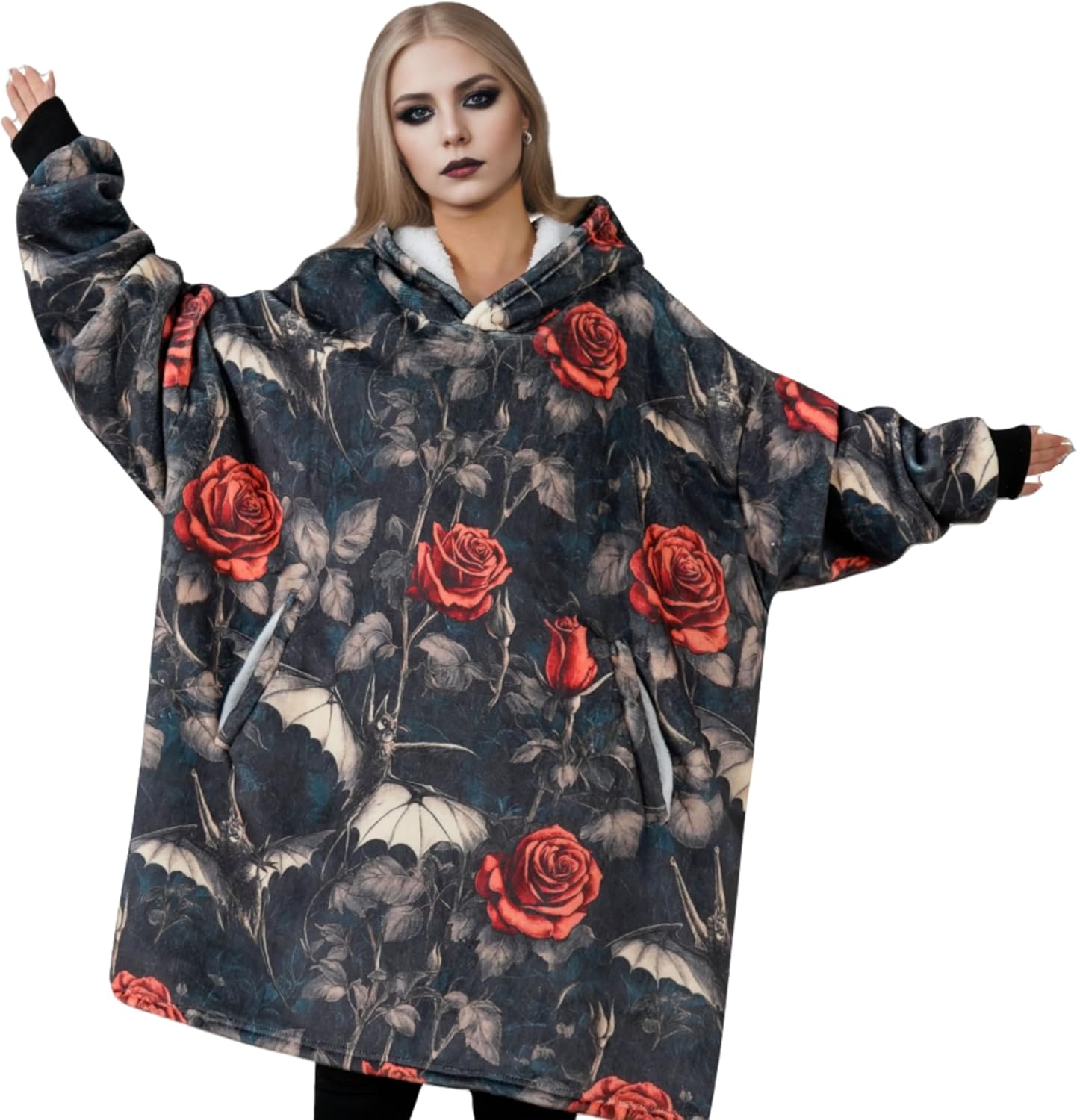 Goth Gifts for Women, Wearable Flannel Blanket Hoodie, Gothic Blanket for Girls on Birthday, Halloween, Christmas, Soft Warm Cozy with Two Large Pocket, Rose