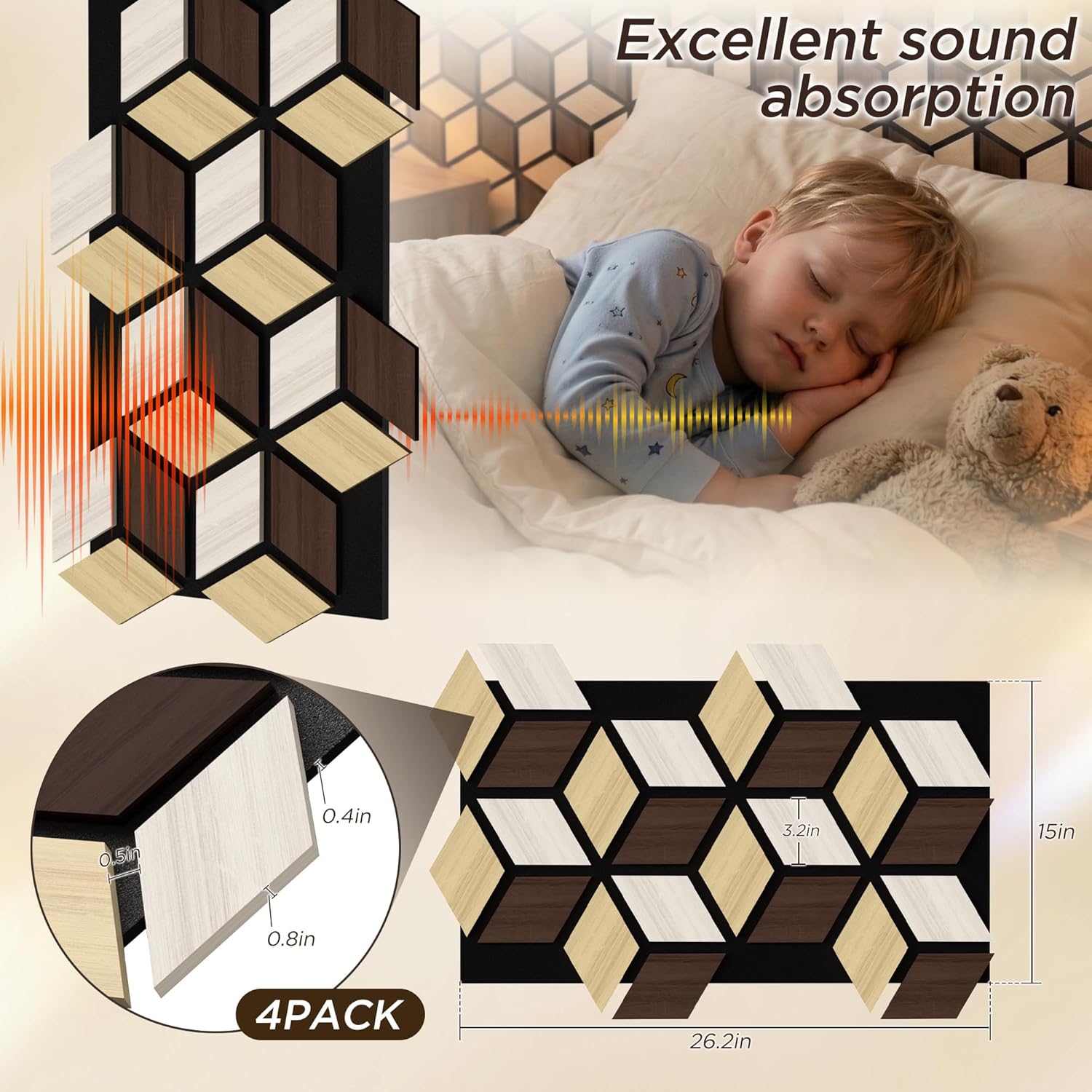 4 Pack Acoustic Wall Panels,3D PVC 27"x18" Soundproof Wooden Wall Panels for Interior Wall Decor 3D Fluted Wood Panels for Living Room Bedroom TV Background Gaming Room（Brown）
