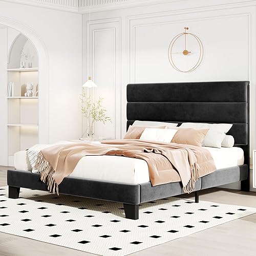 Miniatura 35 de HOOMIC Base de cama de tamaño matrimonial con cabecero, plataforma tapizada de tela con soporte de listones de madera fuerte, base de colchón, no