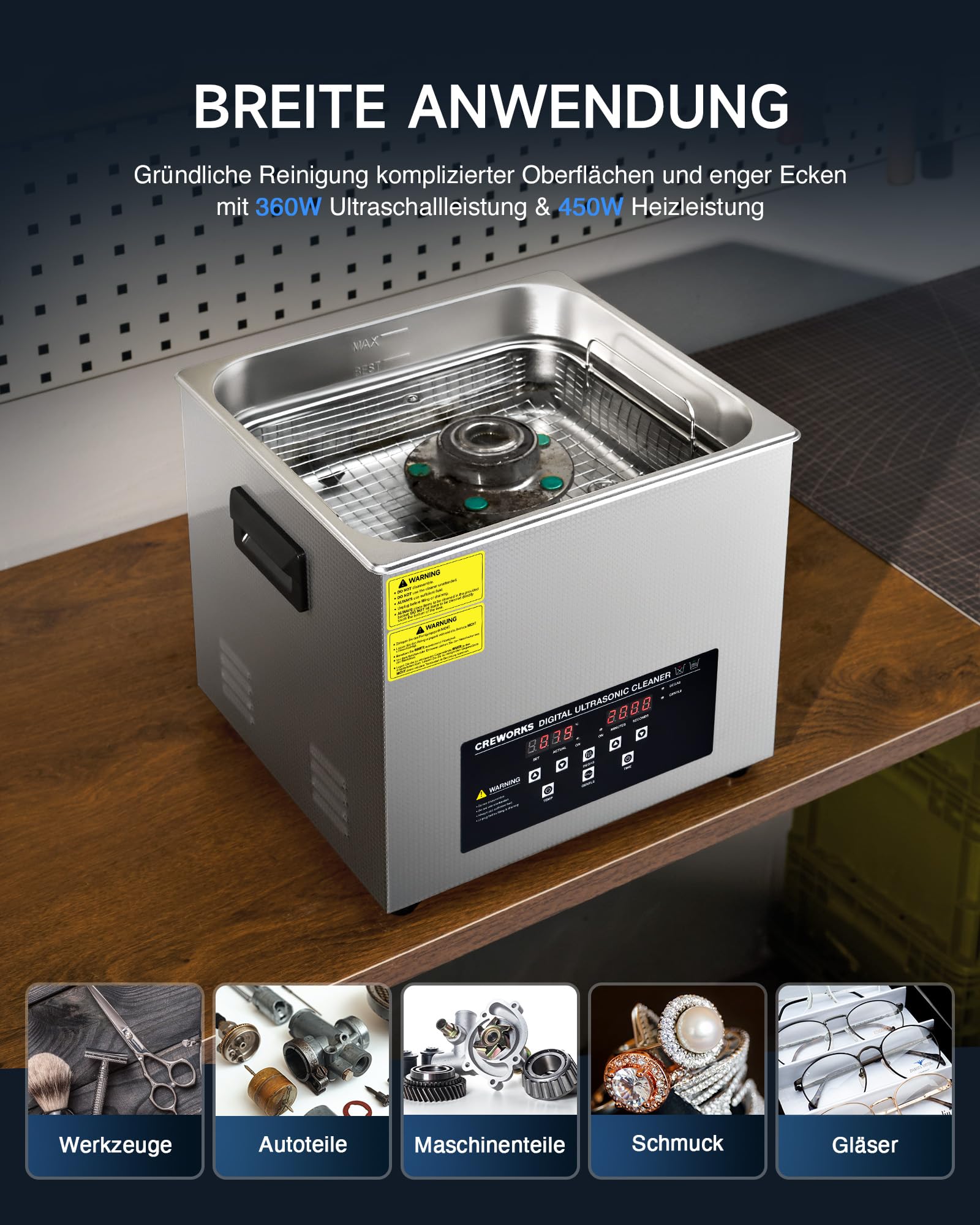 CREWORKS 15L Ultraschallreiniger Edelstahl mit Degas & Halbwellen-Funktion, 360W Ultraschallreinigungsgerät 450W Heizung, Ultraschallbad für Vergaser Motorteile Schmuck Brillen Labor
