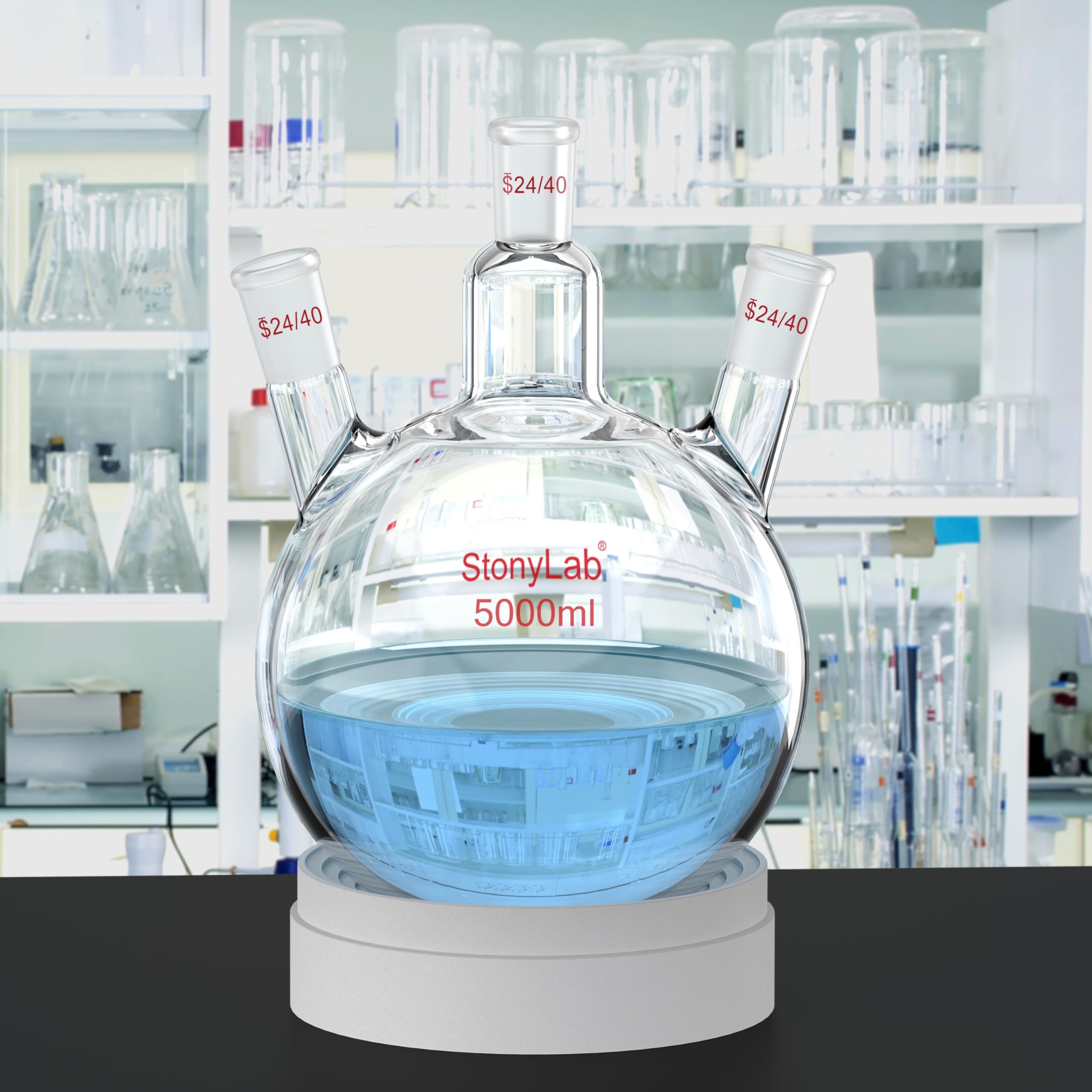 StonyLab 50 ml szklana kolba okrągła z 3 szyjami RBF, z 24/40 centrami i bocznym standardowym złączem Taper Outer Joint (5 l)
