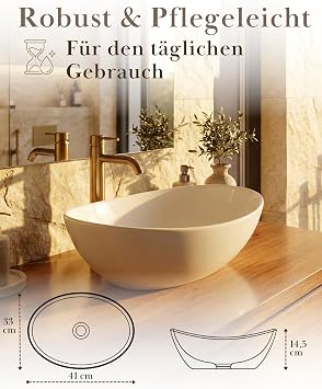 VMbathrooms Premium Oval Washbasin with Lotus Effect Counter-Top Wash Basin for the Bathroom and Guest Toilet Wash Basin without Tap Hole and Without Overflow Pure White Counter-Top Basin