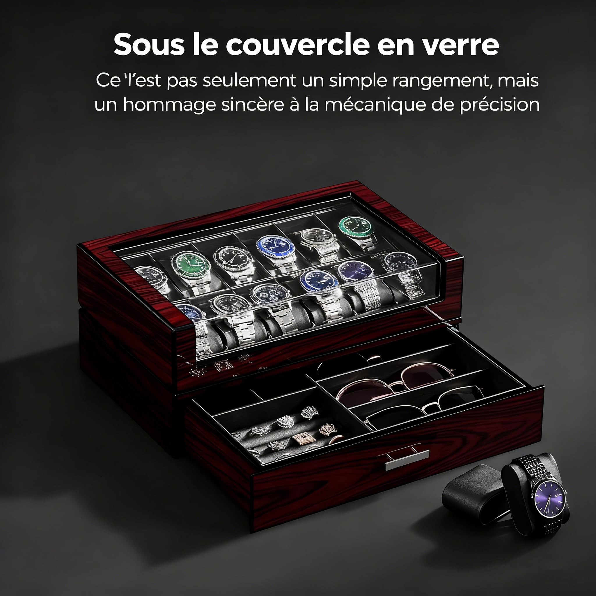 ANWBROAD Boite a Montre Homme 12 Emplacements Couches de Peinture avec Couvercle en Verre Boite a Bijoux Homme Coffret Doublure en Similicuir Cadeaux Luxueux pour Hommes et Femmes JWB005Y