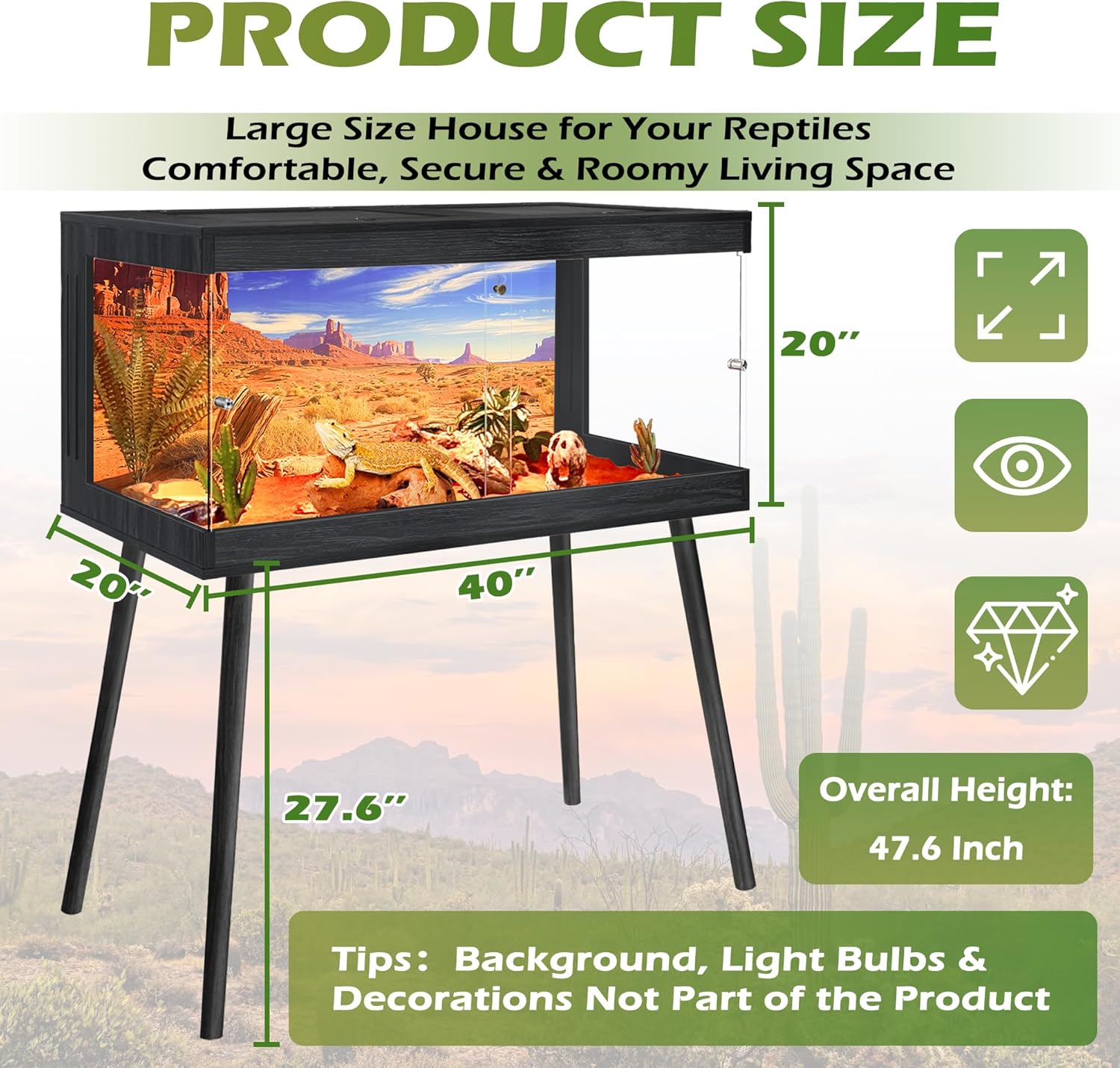 ROYXEN Bearded Dragon Tank with Leg Stand,64 Gallon Tempered Glass Reptile Tank with Metal Mesh Top, 3-Side Clear Anti-Scratch Glass Lizard Tank,Snake Tank for Reptile Habitat (Black,40" Length)