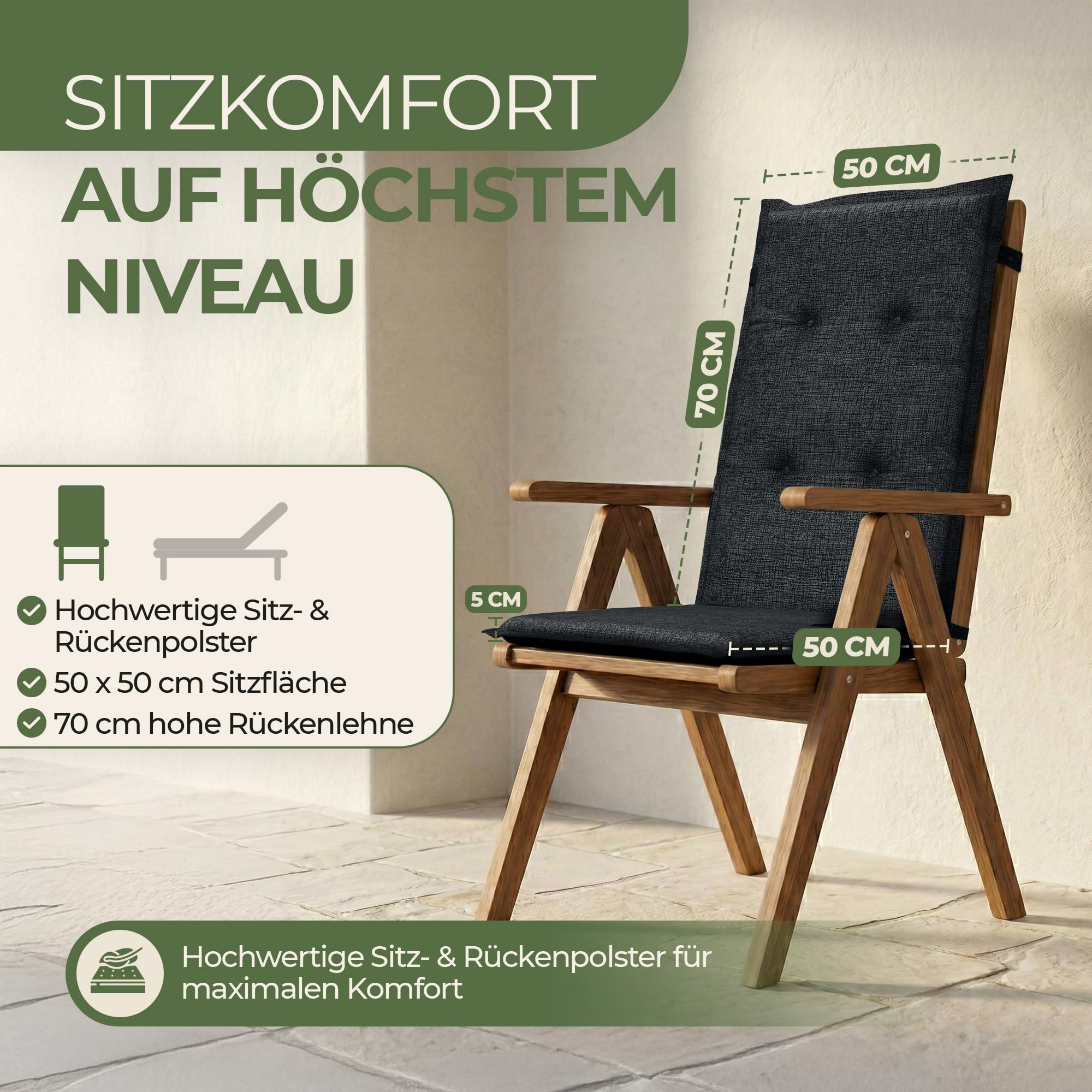 Florence Hochlehner Auflage – Gartenstuhlauflage Hochlehner mit Schaumstoff Polster, Outdoor Kissen & Stuhlkissen für Gartenstuhl, Sitzkissen Stuhl & Sitzkissen Bank, Outdoor (4, anthrazit)