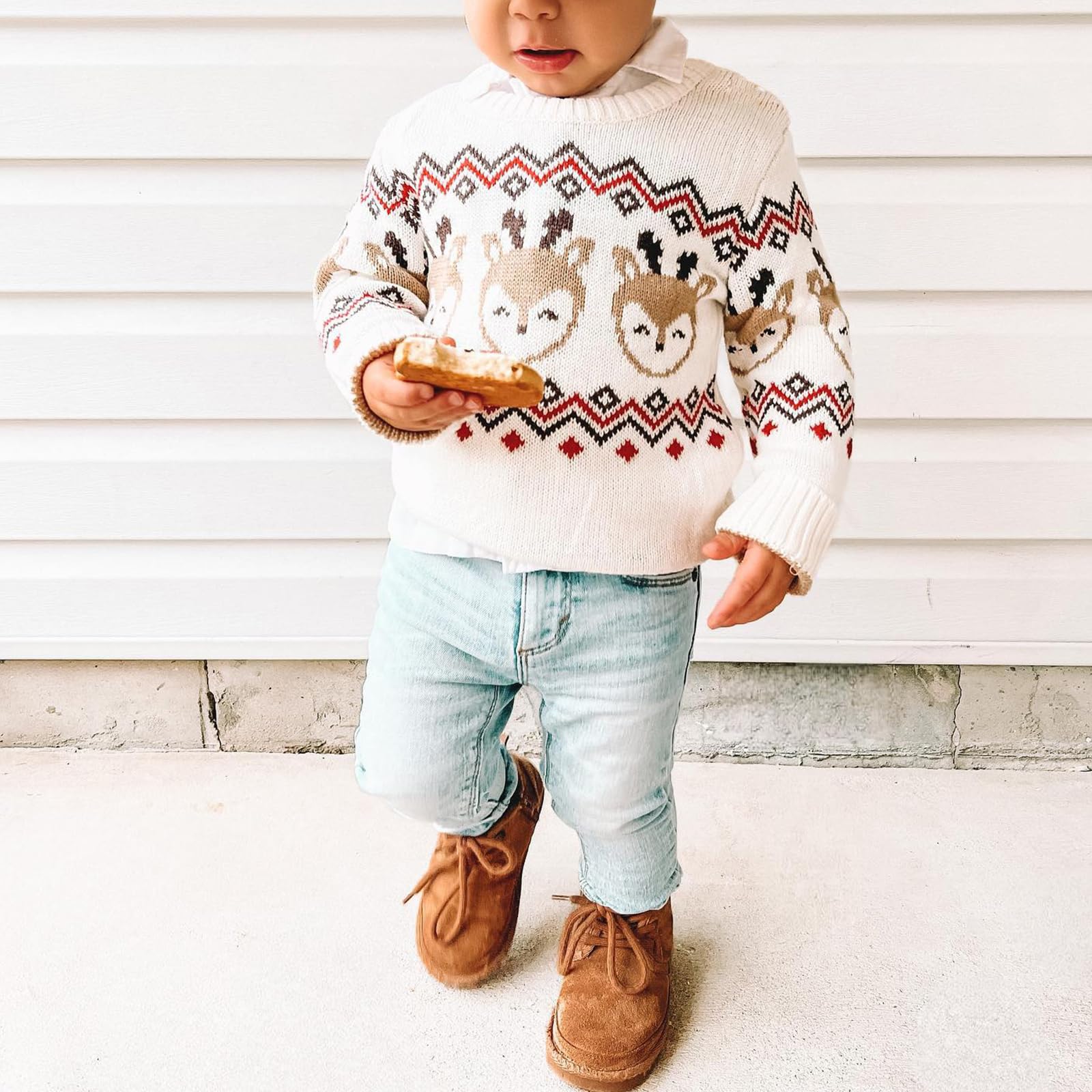 Carolilly Maglia Neonato di Natale Carino Maglione Neonata Manica Lunga con Stampa Alce Maglia Pullover Natalizia Invernale per Bambino Elegante