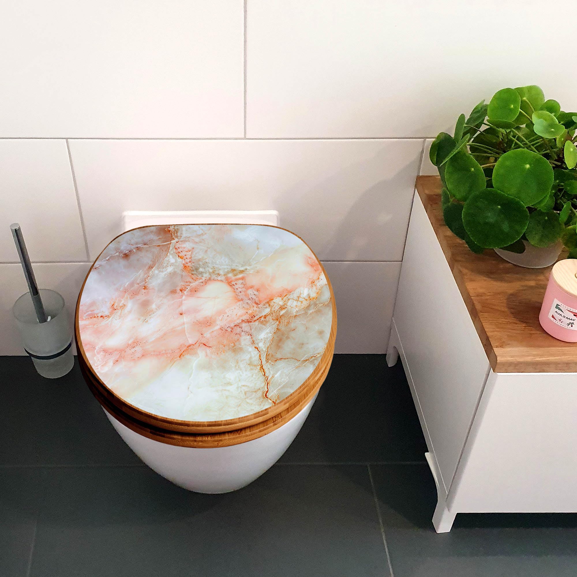 banjado Design WC Sitz Bambus Absenkautomatik 45,8x37,5cm - Toilettendeckel mit Absenkautomatik Holz - hochwertiger Bambus Klodeckel - WC-Sitz für gängigen Toiletten - Motiv Rosa Marmor
