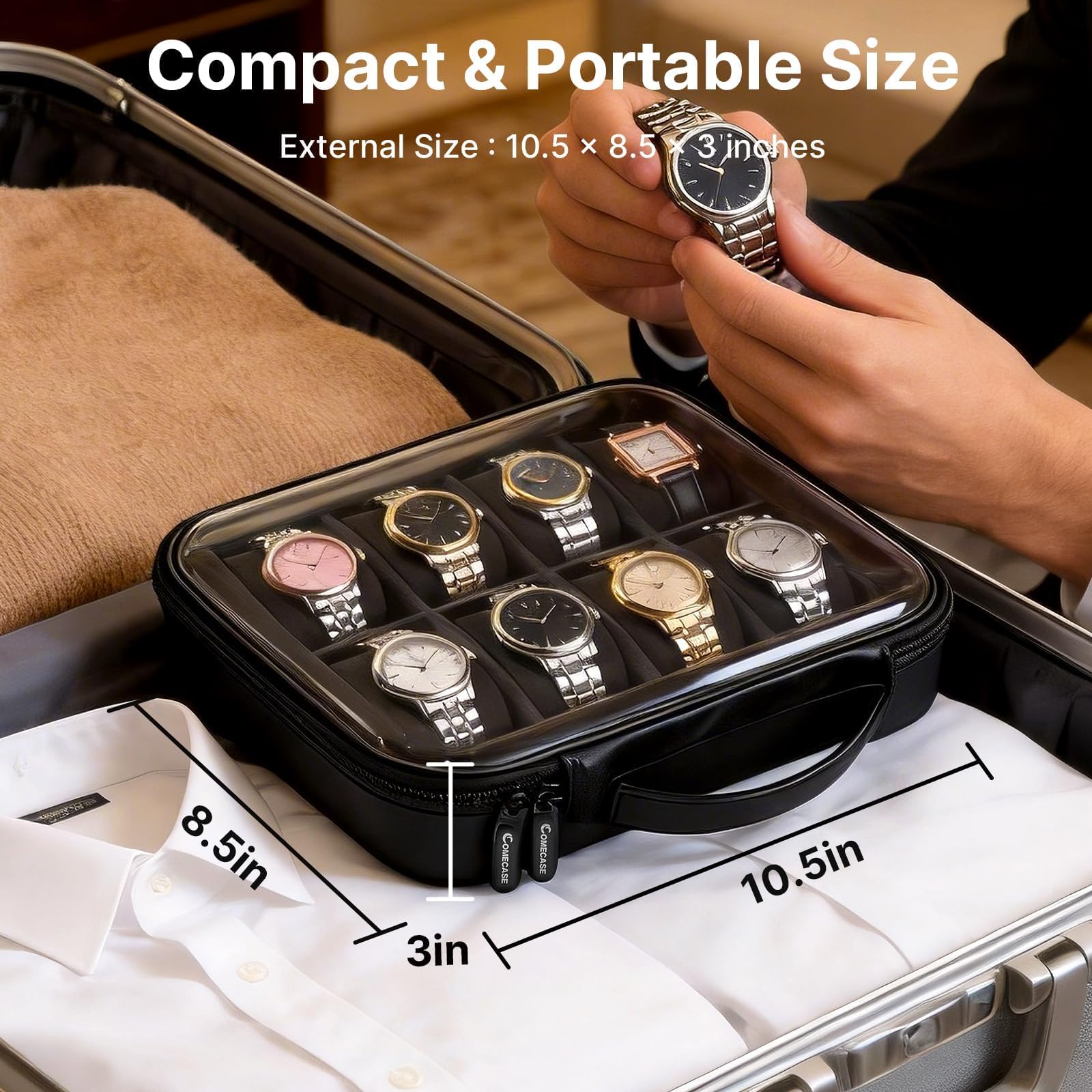 Comecase 8 Slot Watch Travel Case for Man, Clear Lid Hard Shell Watch Box view 6