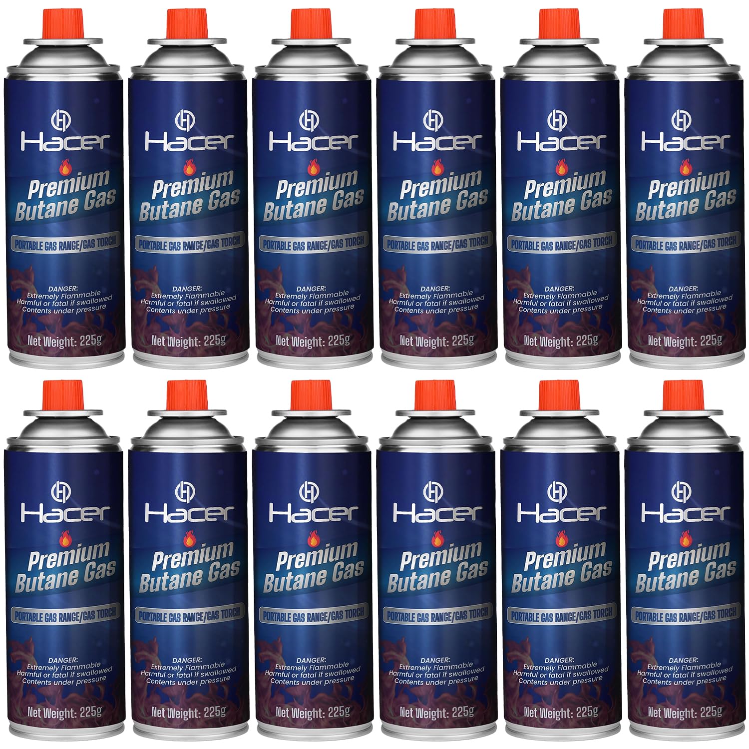 Hacer 12 x 225g Pure Butane Gas Cartridges for Camping Stove, Portable High Pressure Refill Fuel for Welding Torch, Fogging Machine & Lighters, Non-Freeze Canisters Pack of 12