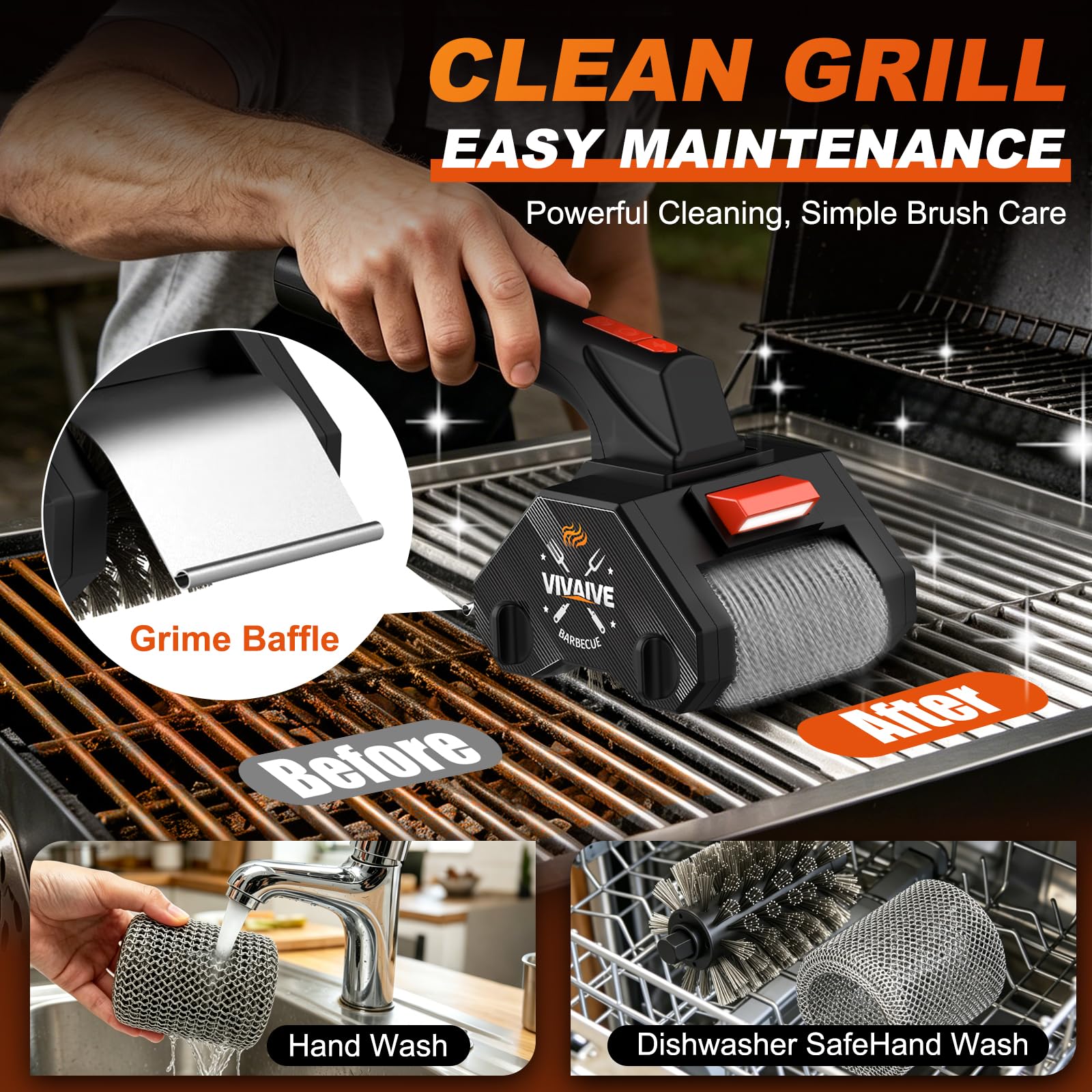 Spazzola elettrica per griglia, a doppia testa, ricaricabile, senza fili, con rullo a catena in acciaio inox 304 e spazzola metallica, potenza 320 giri/min, spazzola rotante per barbecue per tutte le