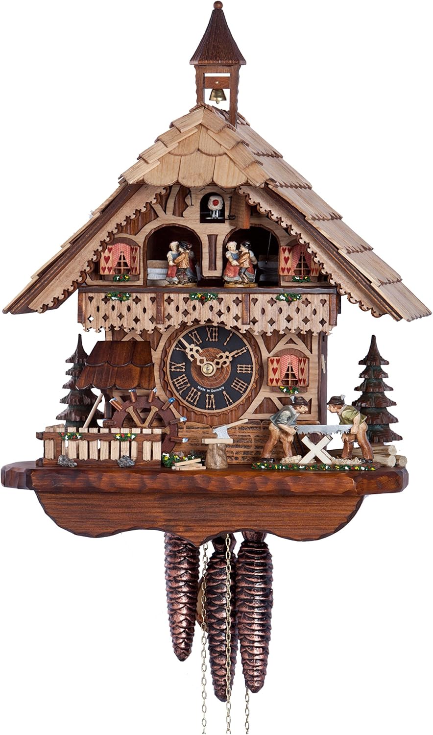 Cuckoo Clock Black Forest house with moving wood sawers and mill wheel