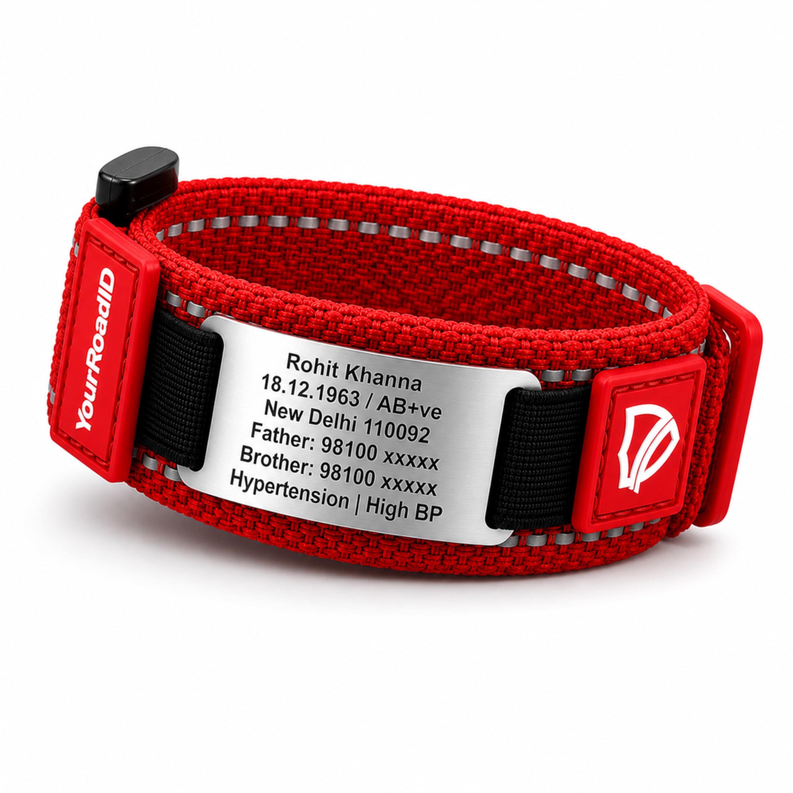 MY ROAD ID Sports Medical Alert Band – Quick-Adjust Nylon Strap with Velcro & Slim Stainless Steel ID Plate – Sweatproof Emergency Band for Athletes, Name, Blood Group, Allergies (Fits 5-10" Wrists)-image-4