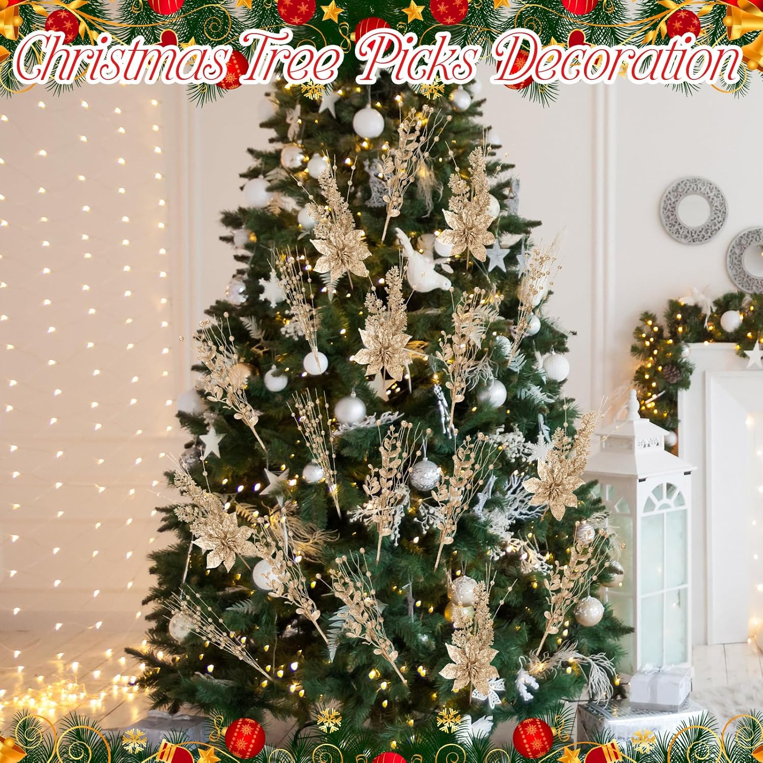 36 Pack 17'' Christmas Tree Picks Ornament Artificial Glitter Berry Stem Picks and Spray with Fake Christmas Poinsettia Flower Bead Stick Branch Decor for DIY Wreath Vase Filler(Champagne)