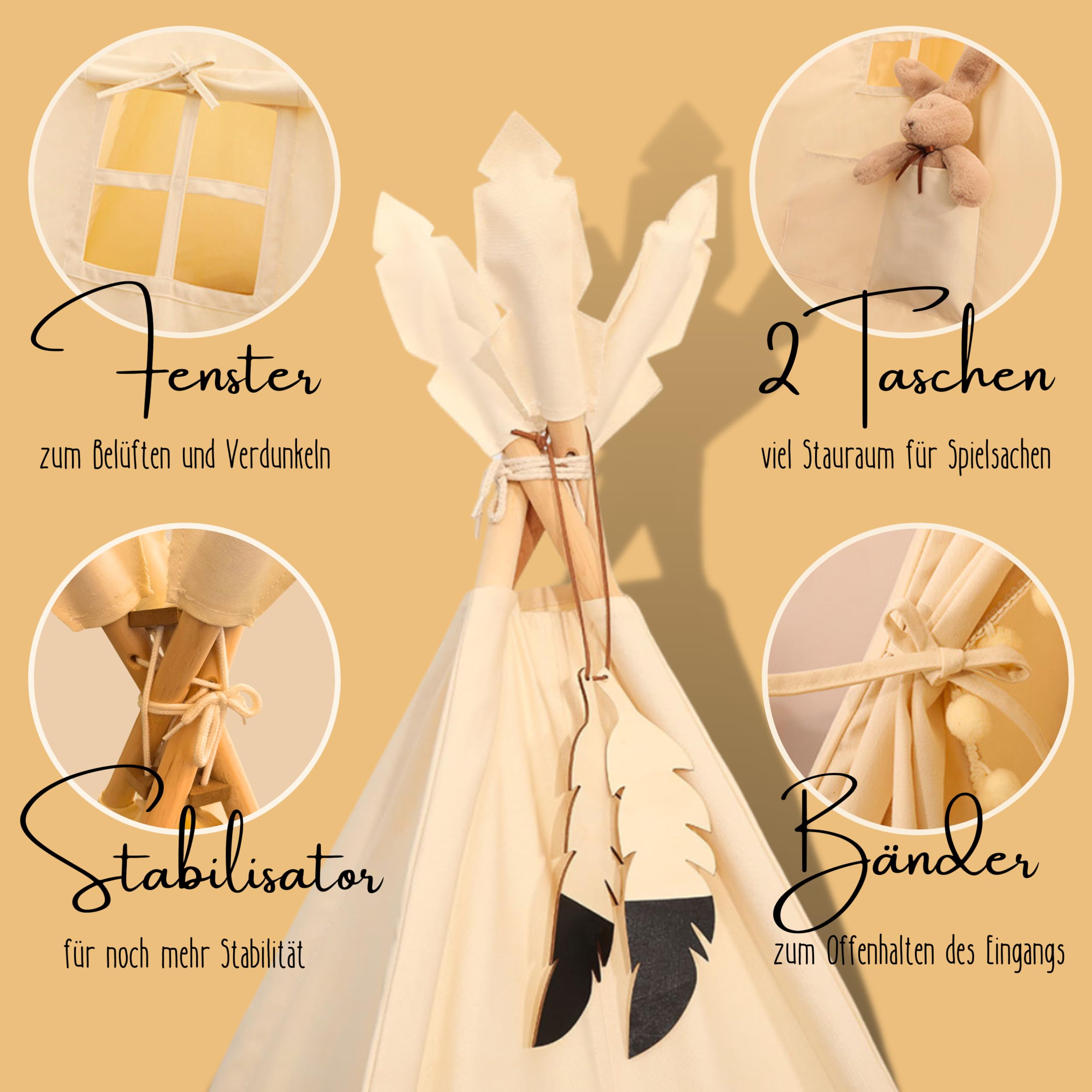 LIONHERZ® DAS ORIGINAL Tipi Zelt Kinder 100% Baumwolle | Kinderzelt Indoor | Tippi inkl. Matte, Stabilisator & Federdeko | atmungsaktiv | Kinderzimmer für Mädchen & Jungen