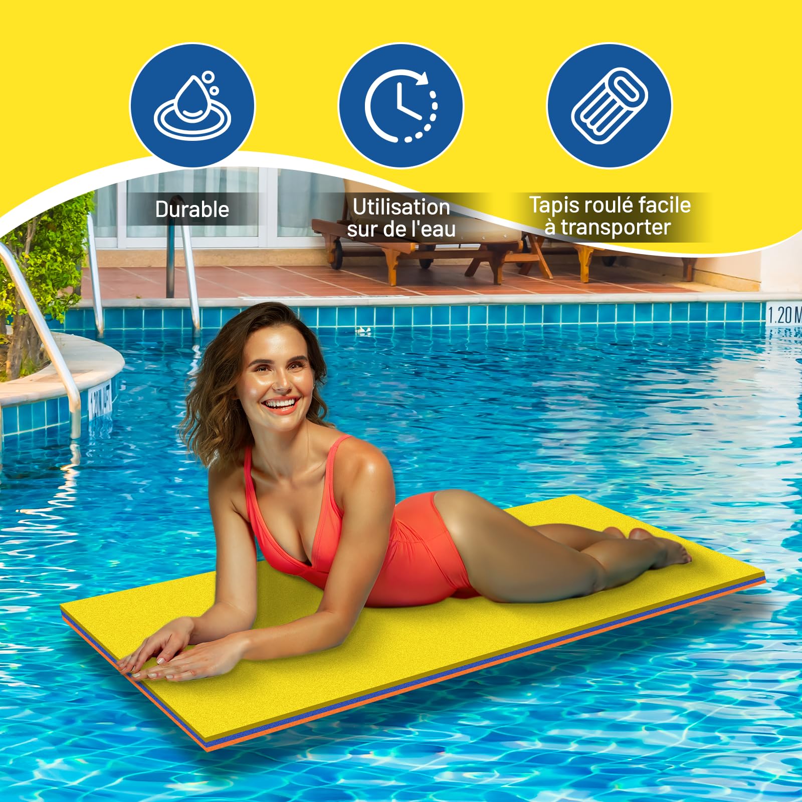 Harilla Flotador Tipo Alfombra de Agua, Almohadilla Flotante, Juego Familiar de Espuma, flotadores de Piscina, colchón, balsa Flotante para Piscina, Barco, Amarillo Azul Naranja
