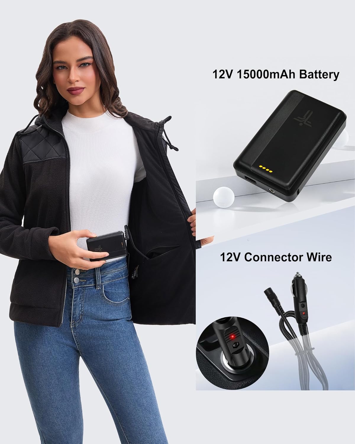 12V Fleece Heated Jackets for Women with 15000mAh Battery Pack Included Heated Coat Hoodie - Image 5