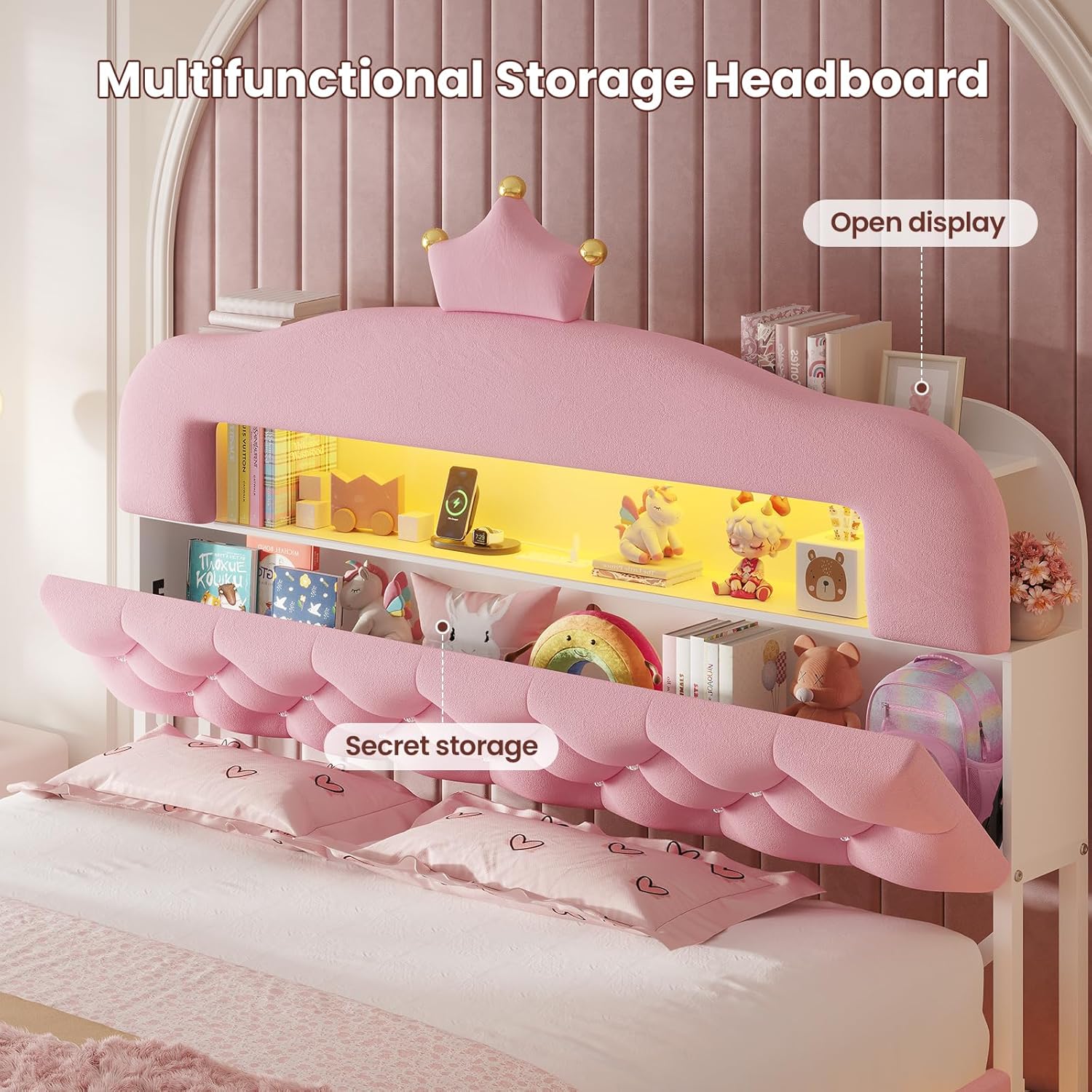 ADORNEVE Twin Upholstered LED Bed Frame with 2-Tier Storage Bookcase, Velvet Princess Platform Bed for Kids/Girls, Headboard with Charging Station & Crystal Button & Crown, No Box Spring Needed, Pink