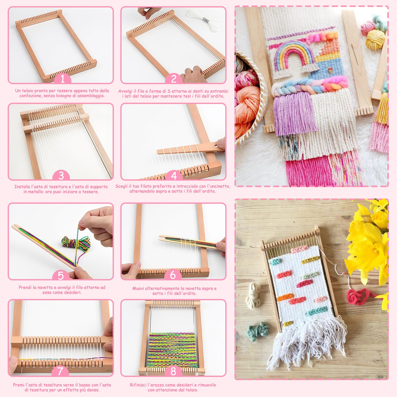 Bibykivn Telaio per Tessitura in Legno, 29x19cm Set da Maglia per Bambini, DIY Telaio di Legno con Filato Colorato per Principianti e Bambini