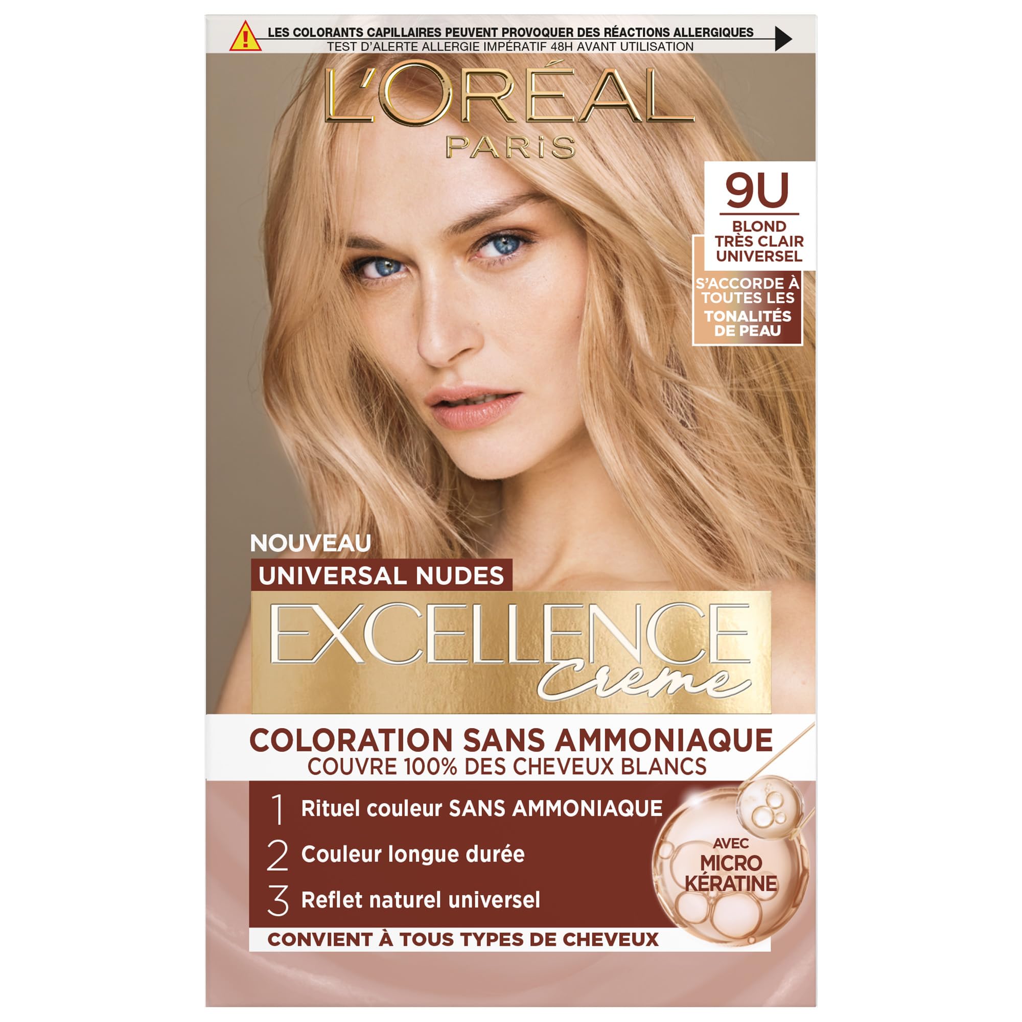 L’ORÉAL PARIS - Coloration Cheveux Permanente - Longue Durée - Résultat Naturel & Lumineux -Couvre 100% des Cheveux Blancs - Excellence Crème Universal Nudes - Nuance : Blond Très Clair Universel (9U)