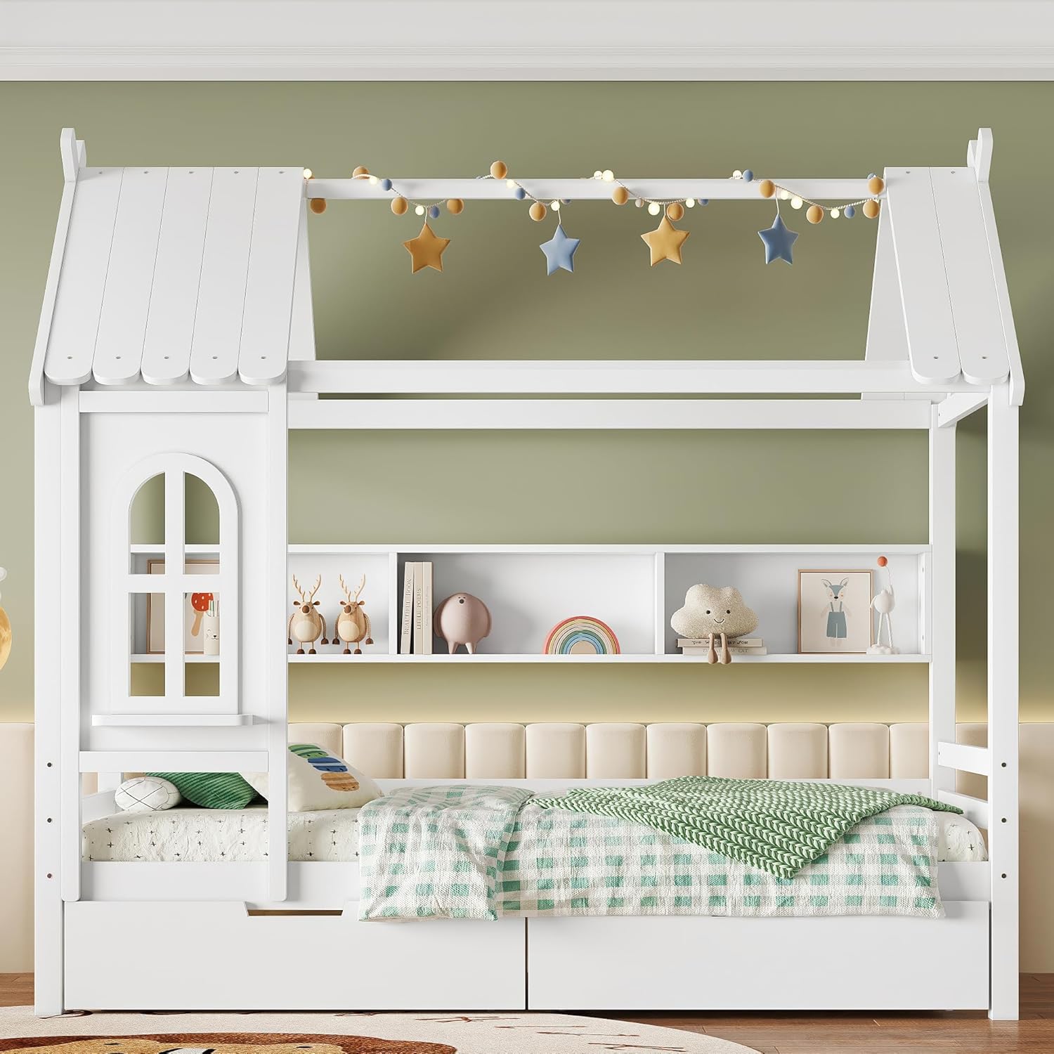 MERITLINE Twin Size House Bed with Storage Drawers & Window, Solid Wood Platform Bed Frame with Shelves, No Spring Box Needed, Childlike Design for Kids, Girls, Boys, Light White