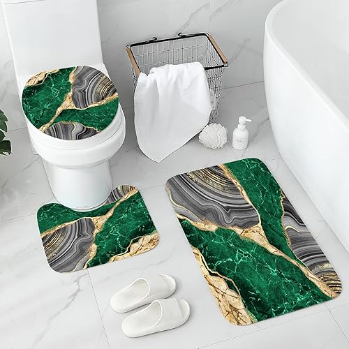 Miniatura 3 de Gibelle Juego de 4 cortinas de ducha de mármol con alfombras antideslizantes, cubierta para tapa de inodoro y tapete de baño, juego de decoración de