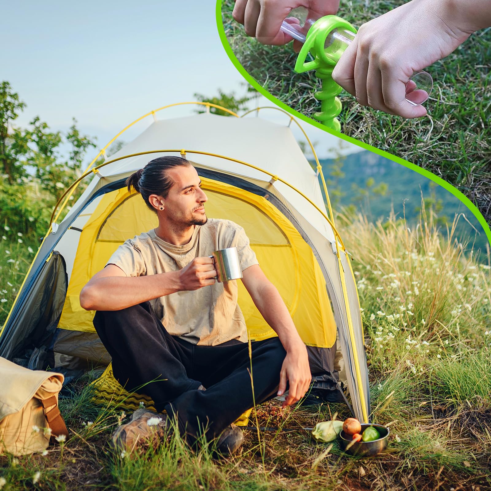MEYAGOT Picchetti a Vite per Tenda, 8 Pezzi Picchetti per Campeggio Pioli, con 8 Tubi di Plastica Trasparente, Verde, Picchetti da Sabbia per Giardino, Pesca, Spiaggia, Montagna, 29×7cm