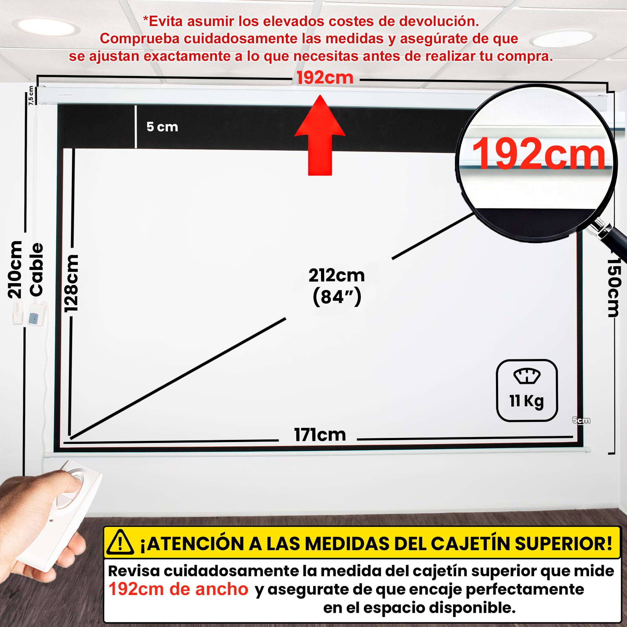 Pantalla de proyeccion electrica 84" para proyector, cajetin de Acero Lacado en Blanco, Pantalla para proyector electrica con Mando inalambrico, Auto Enrollable, Compatible con 4K (84 Pulgadas 4:3) - 2