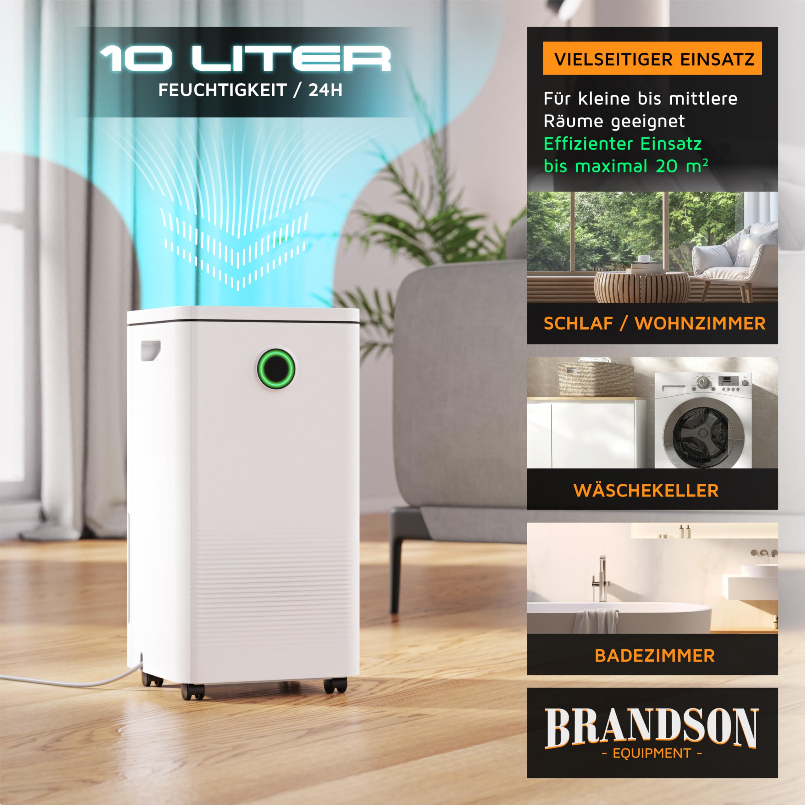 Brandson - Luftentfeuchter 10L mit Kompressor – Dehumidifier Raumentfeuchter elektrisch – 10 Liter / 24h – sehr leise - Schlafzimmer Bad Keller