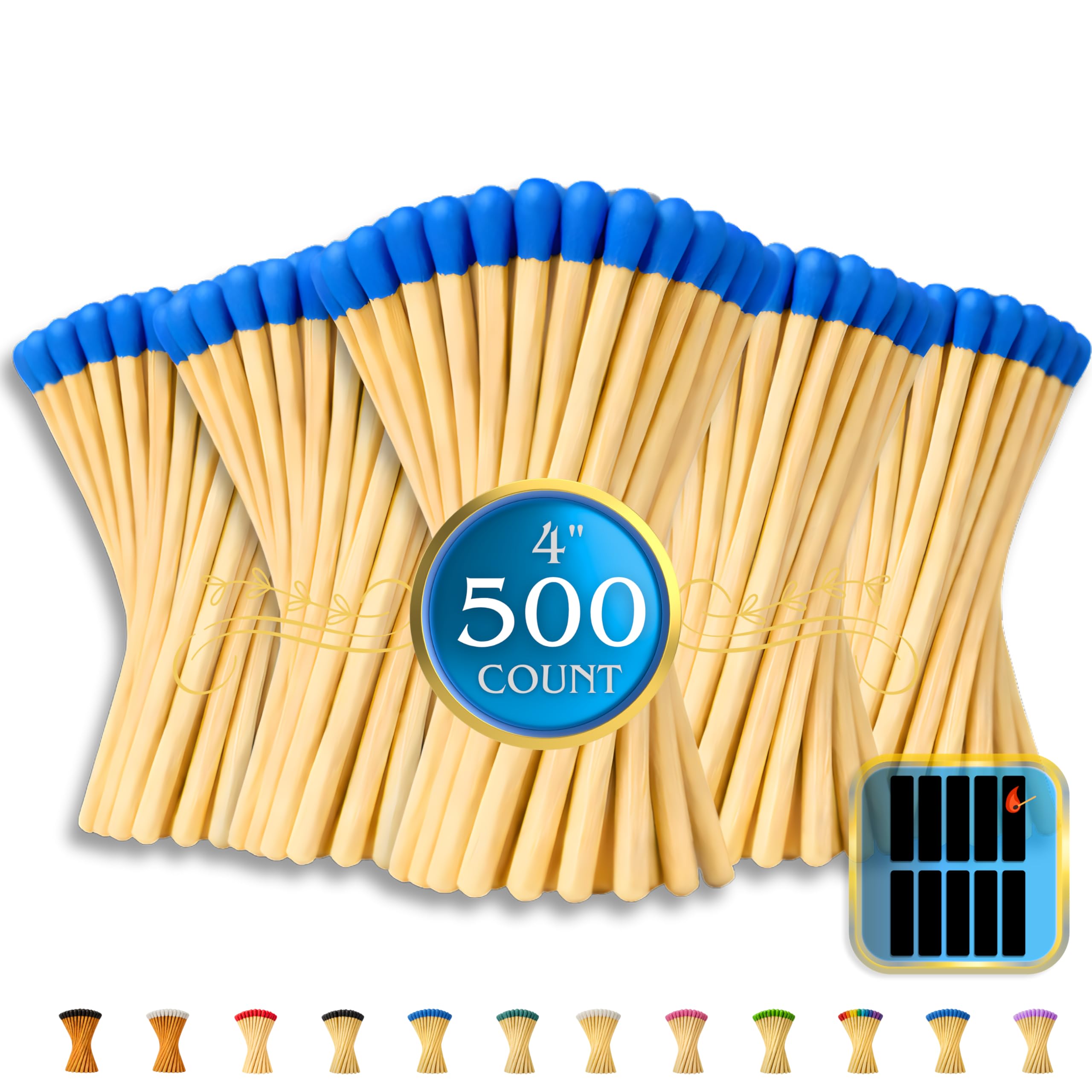 500 Count | 4" Blue Matches | Strikers Included | Color Tip Wooden Match | Refill for Matchstick Jars, Candle Display, Holders &amp; Bottles | 4 in inches Long