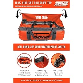 UNPLUG Ultimate Adventure | 1680D Heavy Duty Waterproof Bag | Large Travel Bag which can be Used for Camping, Motorcycling, Boating, or Hunting|110L Adventure Orange