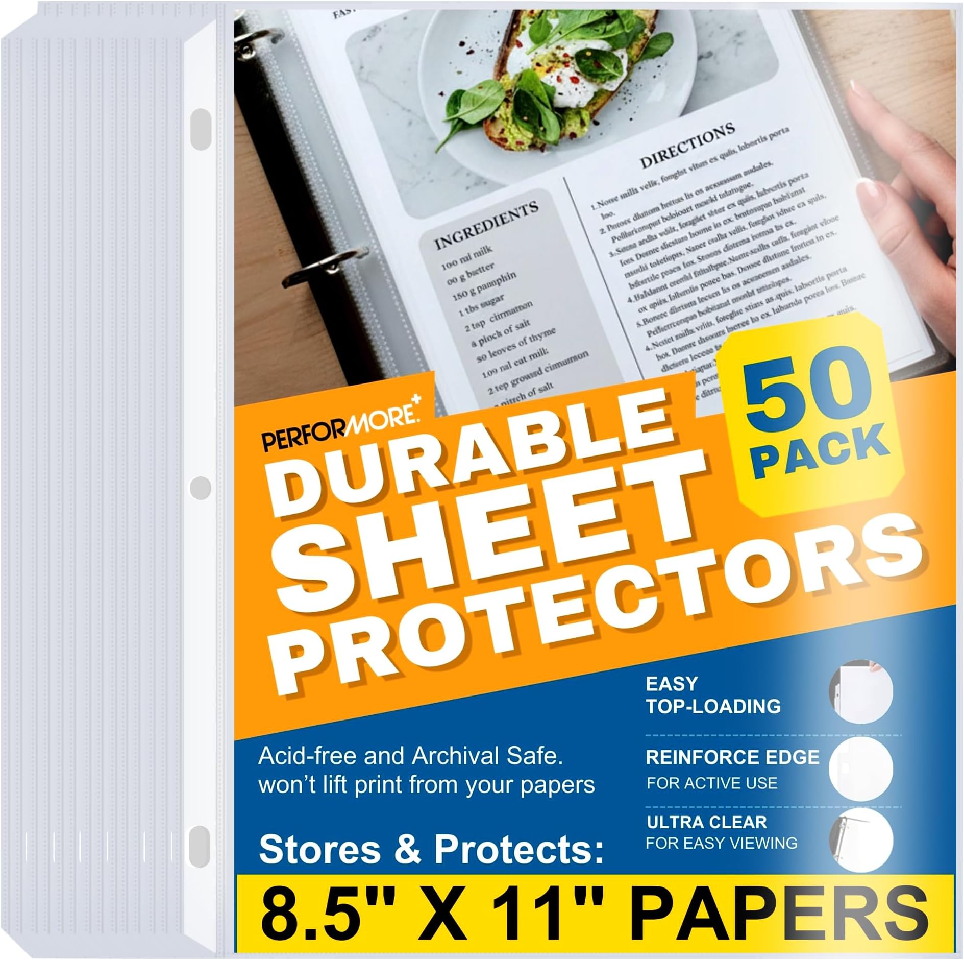 Performore 50 Sheet Protectors, Durable Clear Page Protectors 8.5 X 11 Inch for 3 Ring Binder, Plastic Sheet Sleeves, Durable Top Loading Paper Protector with Reinforced Holes, Archival Safe