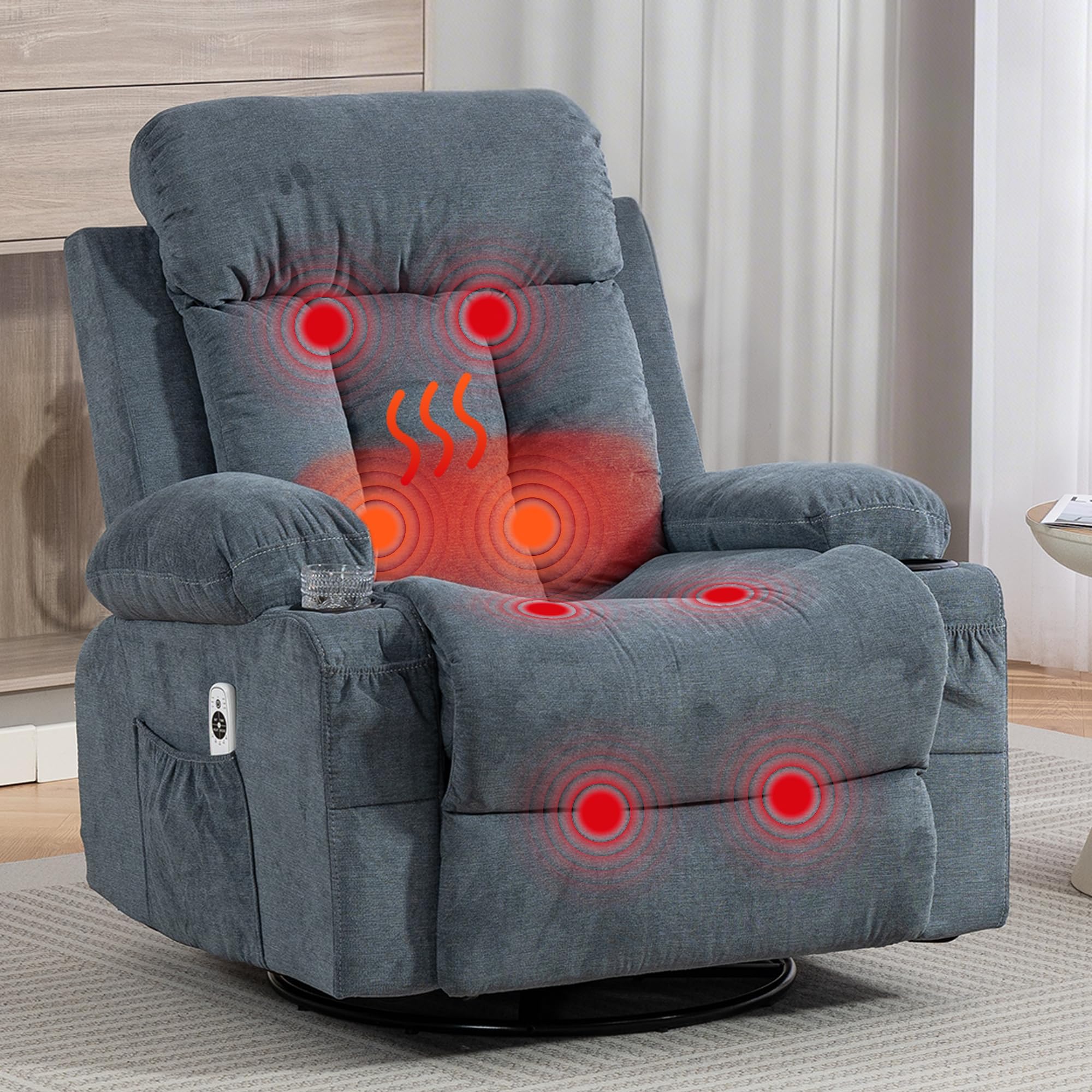 360° Swivel Rocking Chair, Rocker Recliner Chair with Vibration Massage and Heat, Ergonomic Lounge Chairs with Rocking Function and Side Pocket, Cup Holders, Blue