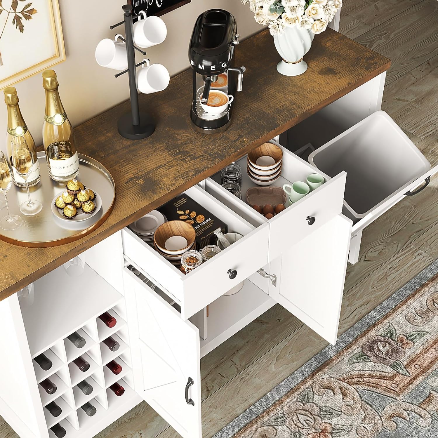 Top-down view of the Maupvit cabinet showing open drawers and tilt-out trash bin