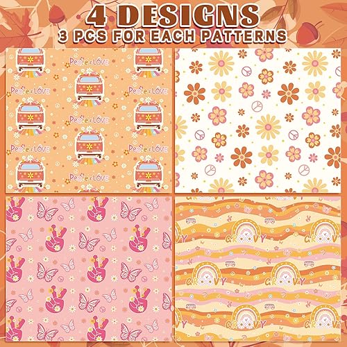 Miniatura 3 de Whaline 12 hojas de papel de regalo hippie Groovy de 4 estilos, diseño bohemio de margaritas arco iris, papel de embalaje retro Groovy DIY para