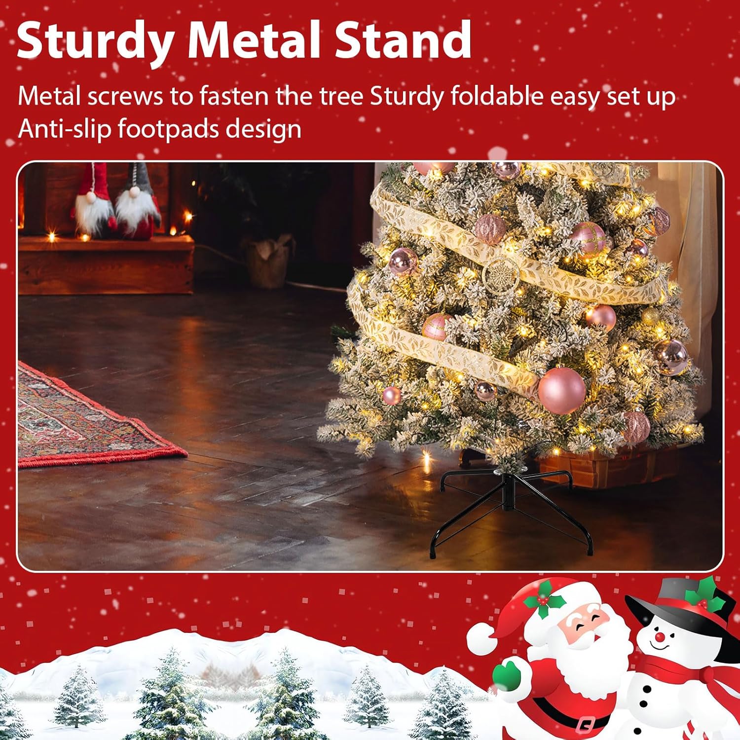 4.5FT Prelit Snow Flocked Artificiall Christmas Tree, Fire-Resistant Hinged Xmas Tree with 1000 PVC Branch Tips and Warm White Light Metal Stand for Home, Office, Party Decoration