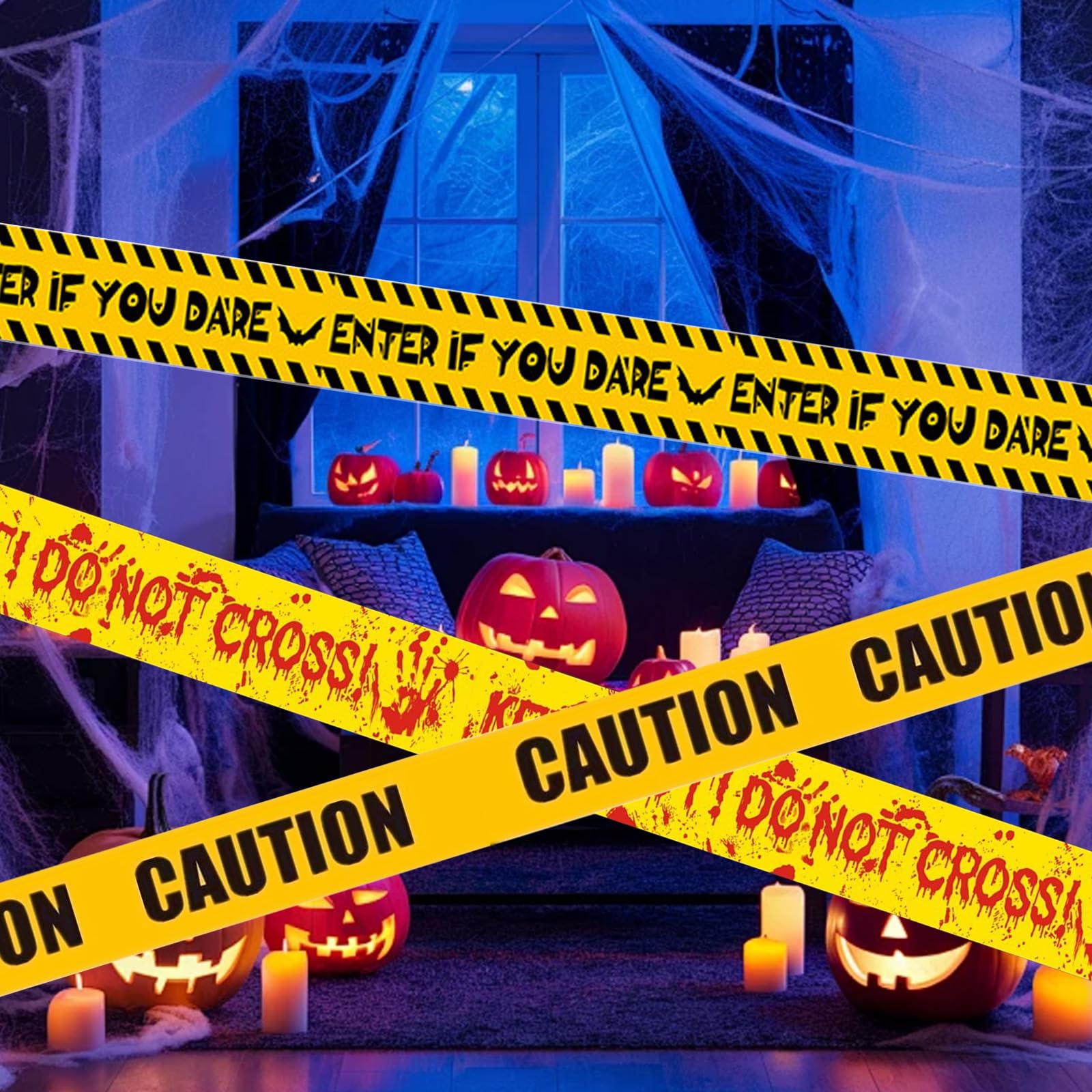 AYNKH Żółte taśmy ostrzegawcze, 38 m, nieprzylepne, barykada, strach, rekwizyty, dekoracje do drzwi, na Halloween, imprezę zombie, nawiedzone domy, akcesoria scenerii, 38 m