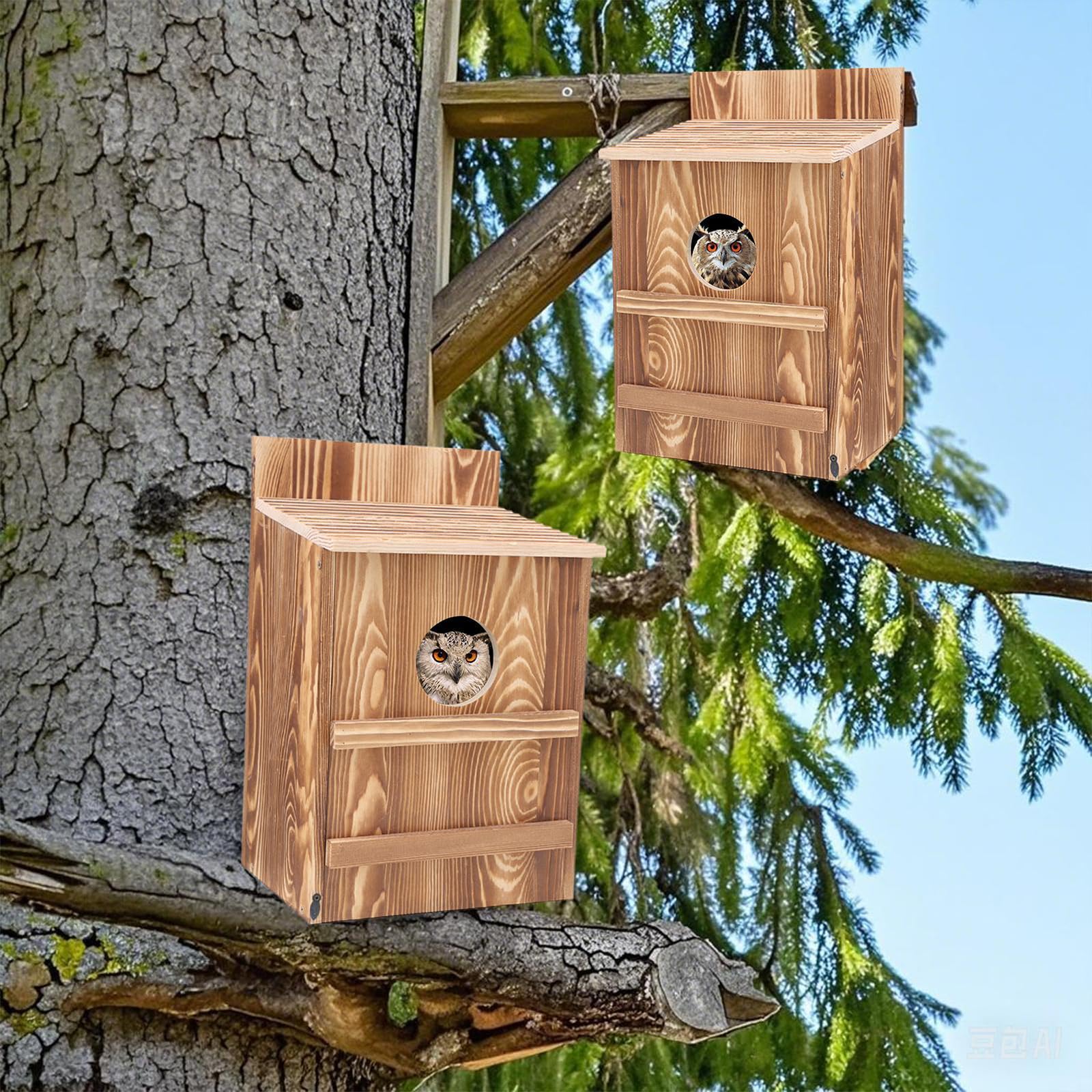 Casetta per Uccelli a Forma di Gufo in Legno, Nido Esterno per Falchi e Uccelli, Rifugio per Uccelli con Viti per Installazione su Alberi, Muri, Palo, Giardino e Cortile 36.8 * 19 * 22.8