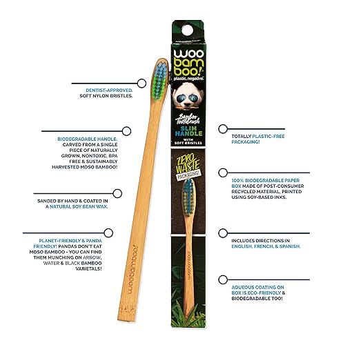 Miniatura 3 de Woobamboo! Cepillo de dientes de bambú, mango delgado, cerdas suaves, cerdas de nailon sin BPA, ecológico, biodegradable, compostable, vegano