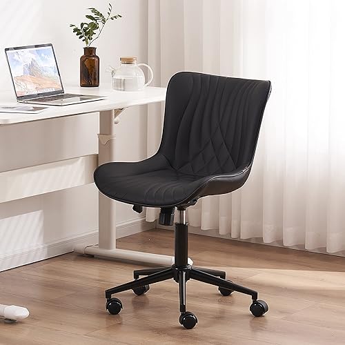 Miniatura 31 de YOUTASTE Silla de oficina marrón, moderna silla de escritorio sin brazos con respaldo, silla giratoria ajustable de piel sintética con ruedas, base