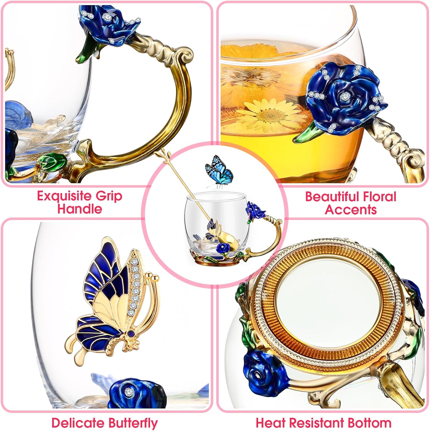 Mimorou 4 Pcs Butterfly Glass Tea Cups Sets for Christmas Gifts Tea Cup with Spoon Glass Mugs Flower Cup for Mother Women Clear Rose Coffee Cups Birthday Gifts for Female Friend