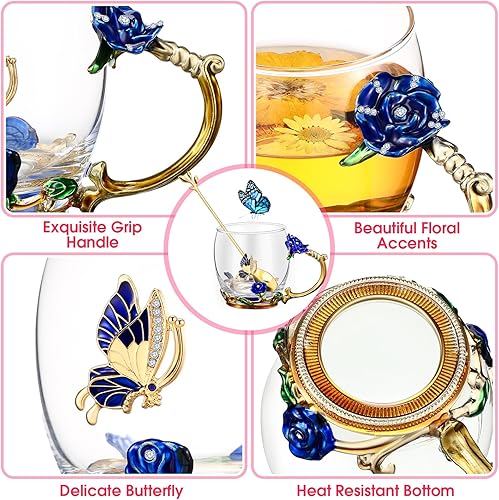 Miniatura 3 de Mimorou Juego de 4 tazas de té de cristal de mariposa para regalos de Navidad, taza de té con cuchara, tazas de vidrio para madres y mujeres, tazas